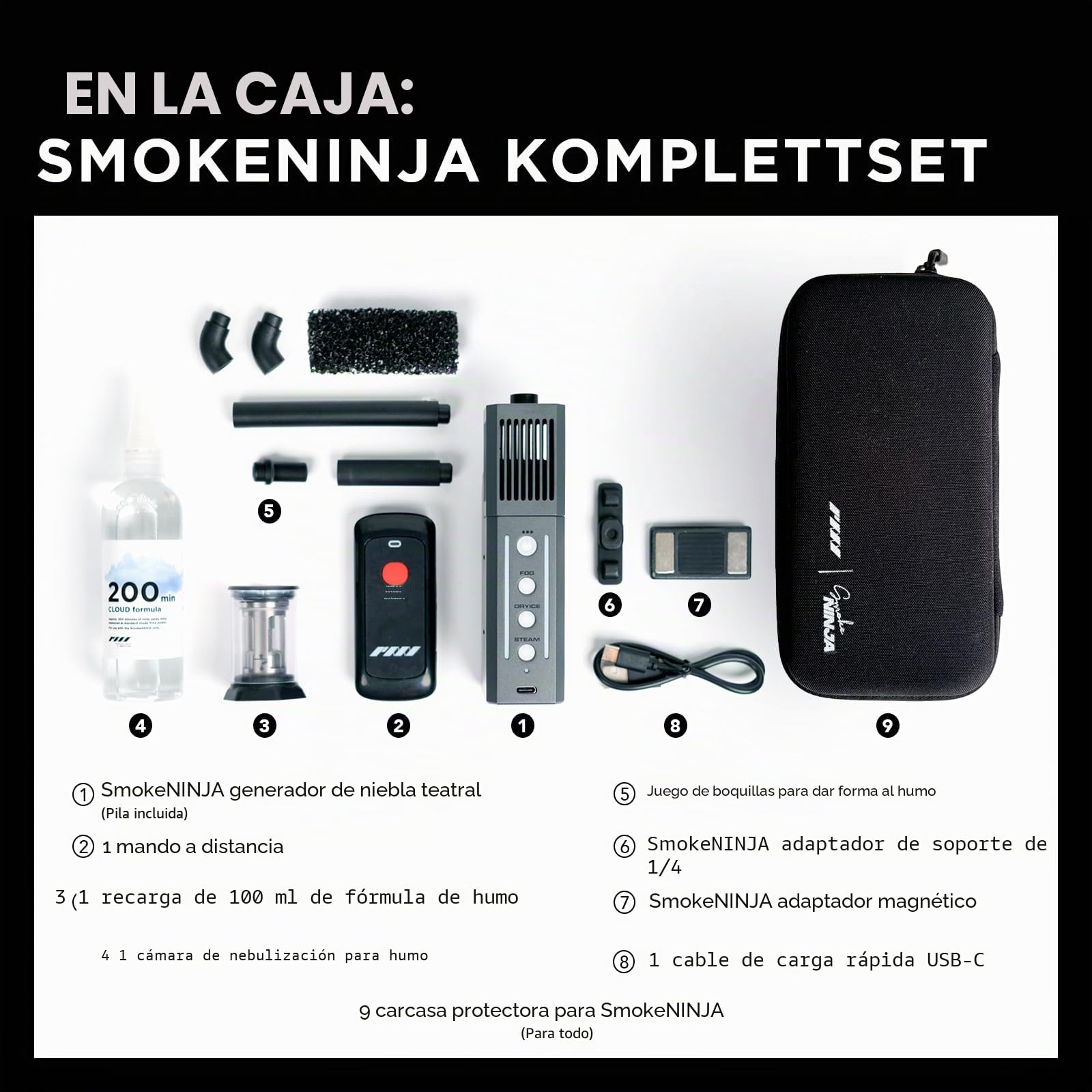 PMI SmokeNINJA - Máquina de humo portátil inalámbrica de mano con control remoto para fotografía, eventos al aire libre, fiestas, efectos de escenario, Halloween o bodas (kit completo)