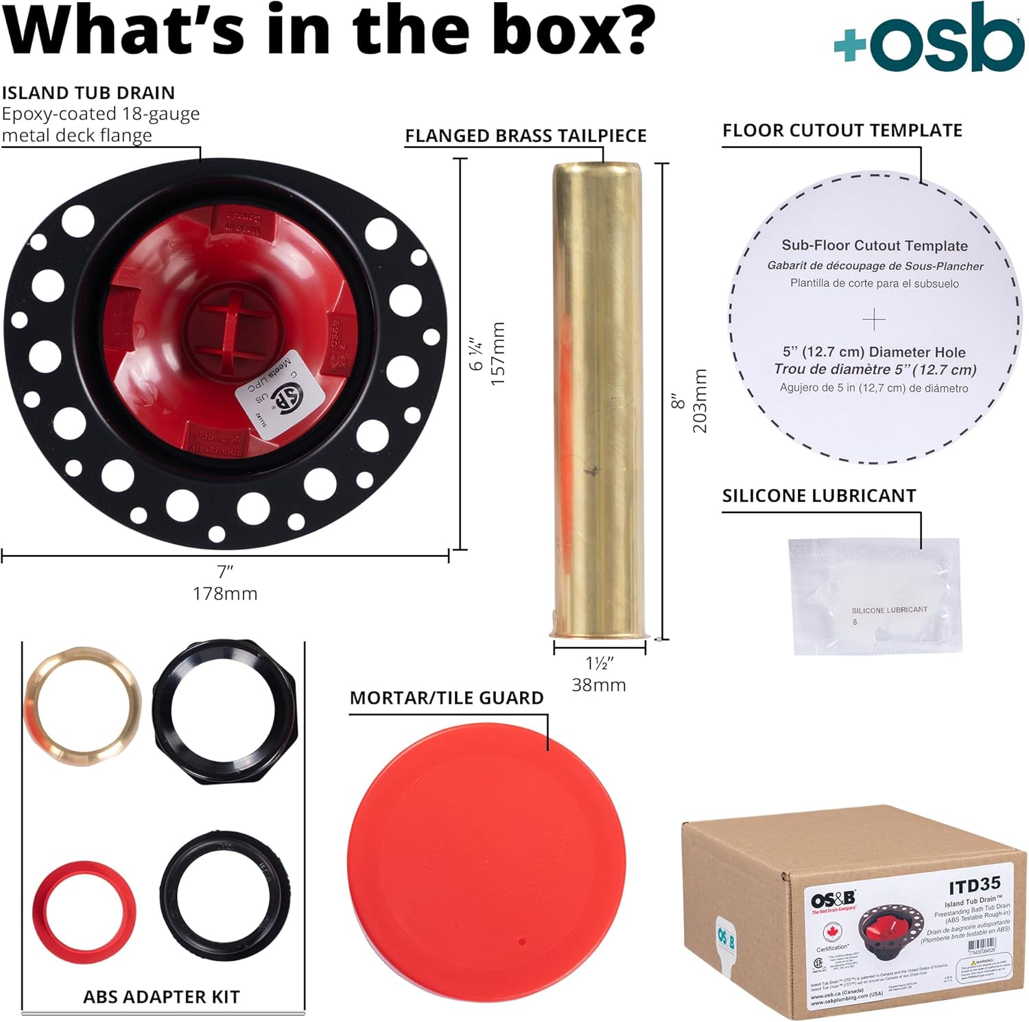 OS&B ITD35 - Two Piece ABS Pipe Freestanding Tub Drain Kit & Rough-In - Easy Installation, Asymmetrical Deck Plate, Water, Air, & Smoke Testable - Designed for 8"/10" Joist Spaces & Tight Bathrooms