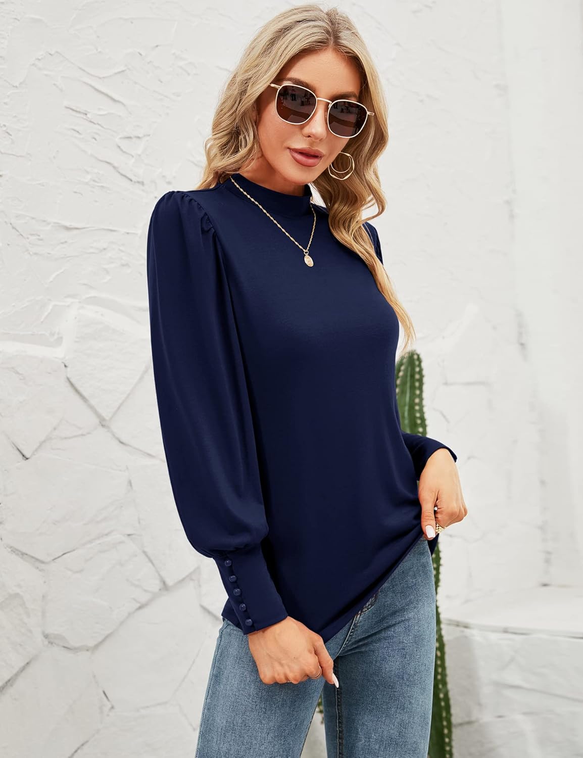 Qirno Womens Mock Neck Puff Long Sleeve Tops Casual Loose Solid Basic T Shirt Button Cuffs Pullovers Shirts Blouse - Image 3