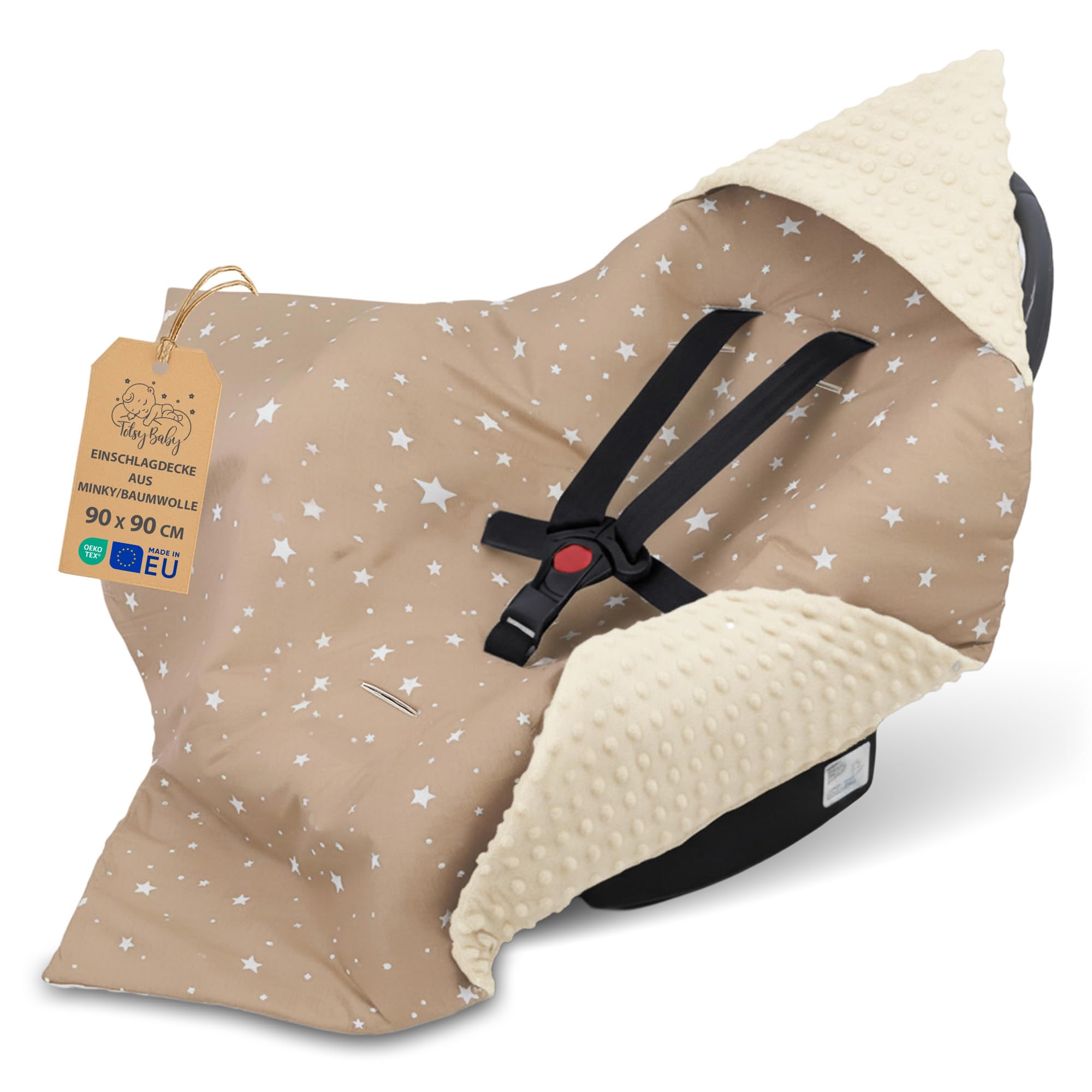 Sacco ovetto coperta invernale 90x90 cm - universale lavabile copertina per passeggino bebe per seggiolino auto bambino o swaddle neonato 0-6 mesi Oeko-Tex Beige con Stelle Bianche