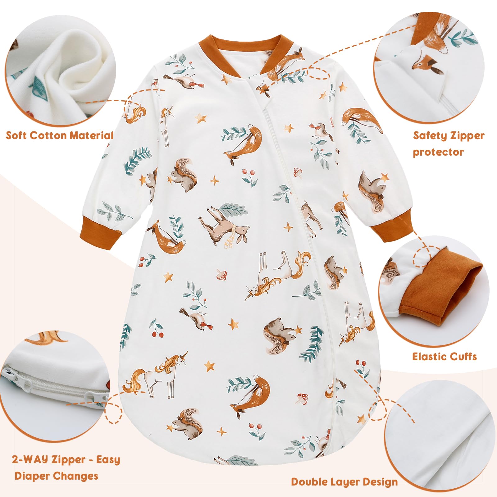 Miracle Baby Sleep Sack 0-6 Months, Baby Wearable Blanket with 2-Way Zipper, 100% Cotton Long Sleeves Baby Sleeping Bag 1.5 Tog for Infant