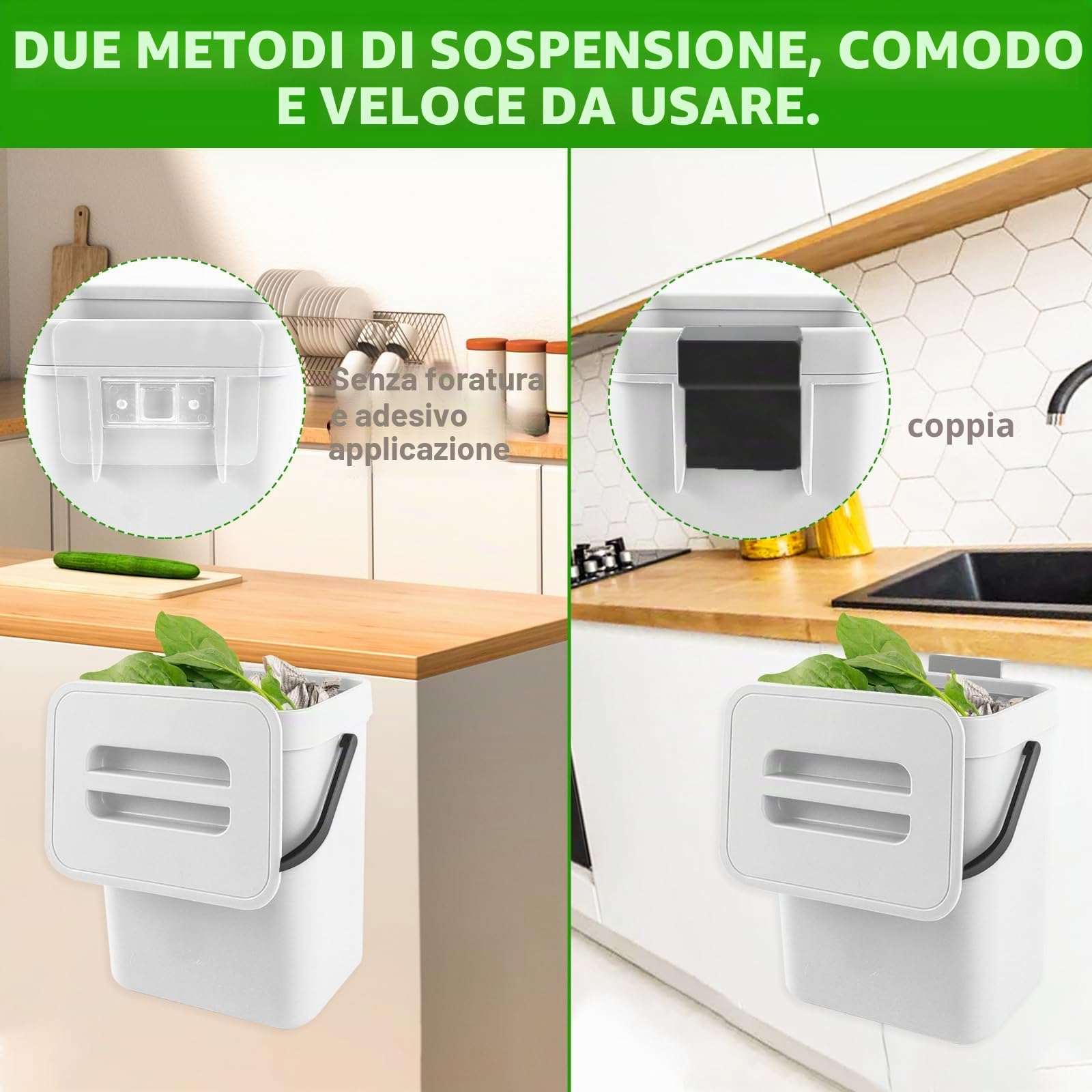 Secchio da Compost da Cucina Piccolo, Bidone della Spazzatura da Appendere, Biometro, Pattumiera per Piano di Lavoro, Contenitore con Coperchio, Compostiera, per Interni, 3 L, Bianco