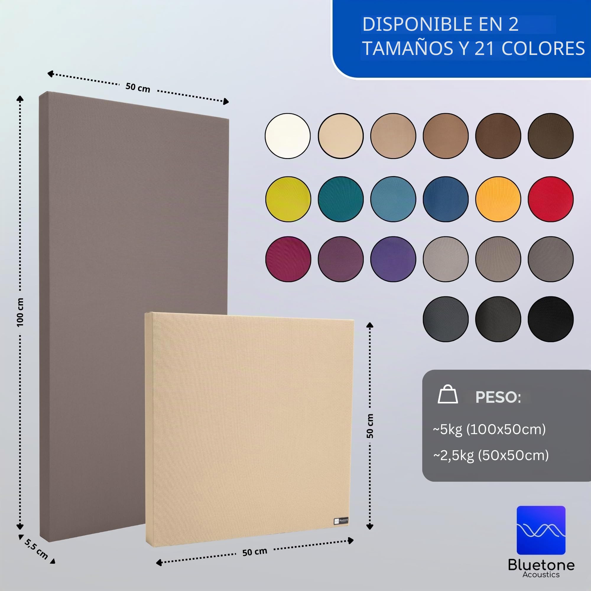 Bluetone Acoustics Wall Panel Pro - Paneles fonoabsorbentes profesionales para eliminar ruidos y ecos - Paneles acústicos para pared y techo (100x50x5cm, Beige)