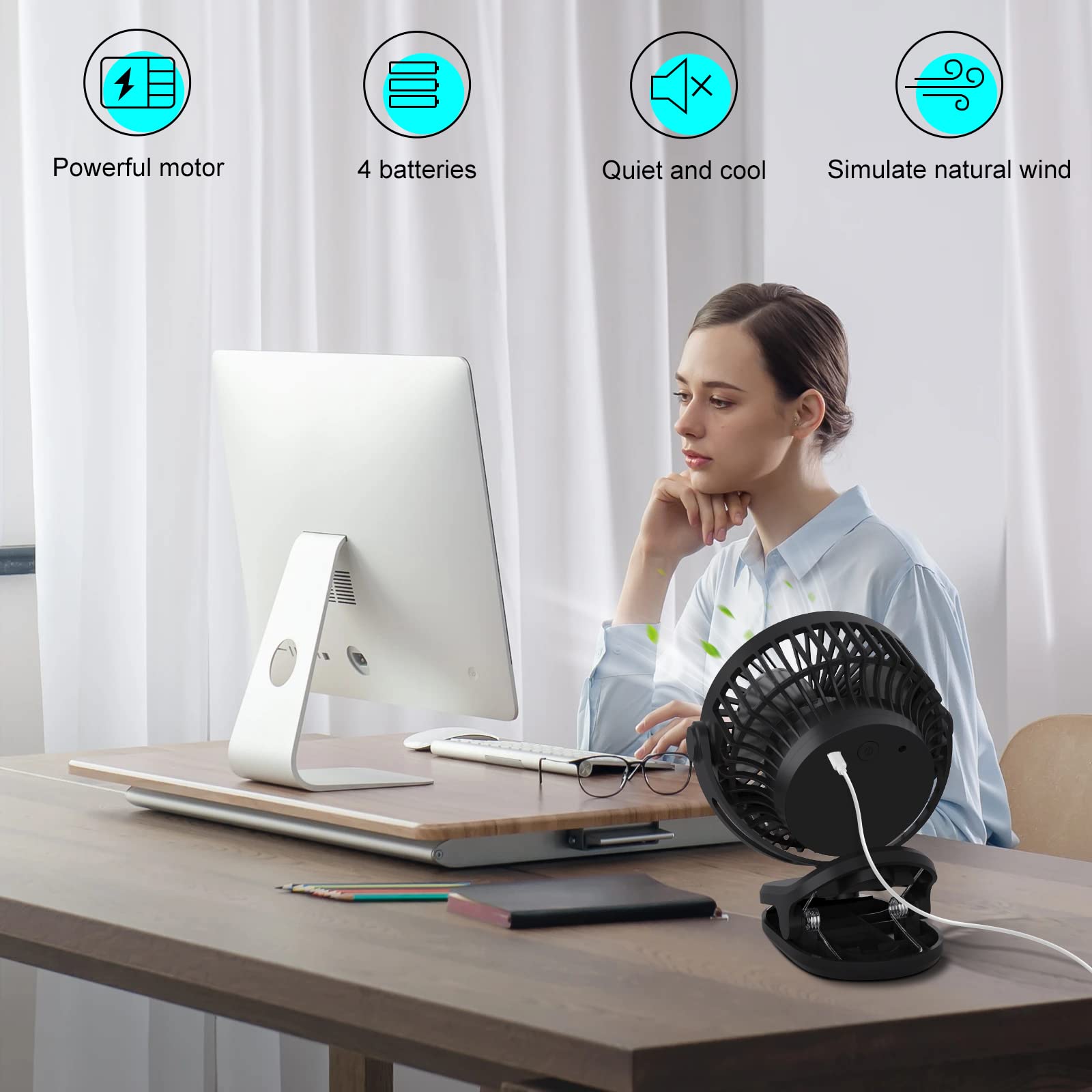 Ventilateur Portable Mini USB 5000mAh - 4 Vitesses, Tête Réglable à 120°, Clip Ceinture, Autonomie Jusqu'à 36h