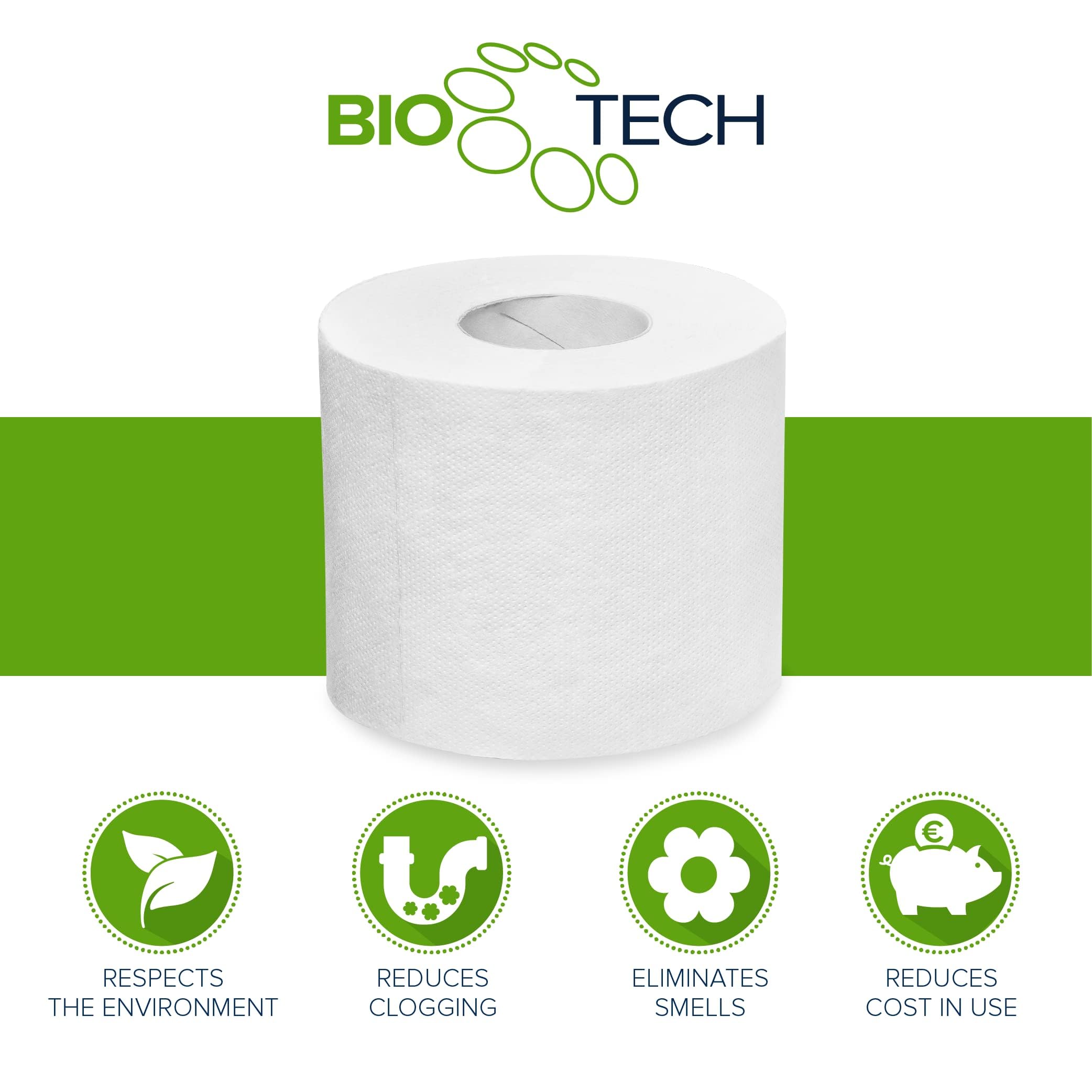 Bio Tech 24 rotoli di carta igienica in doppio strato di cellulosa. Biodegradabile, si scioglie rapidamente non appena entra in contatto con l'acqua