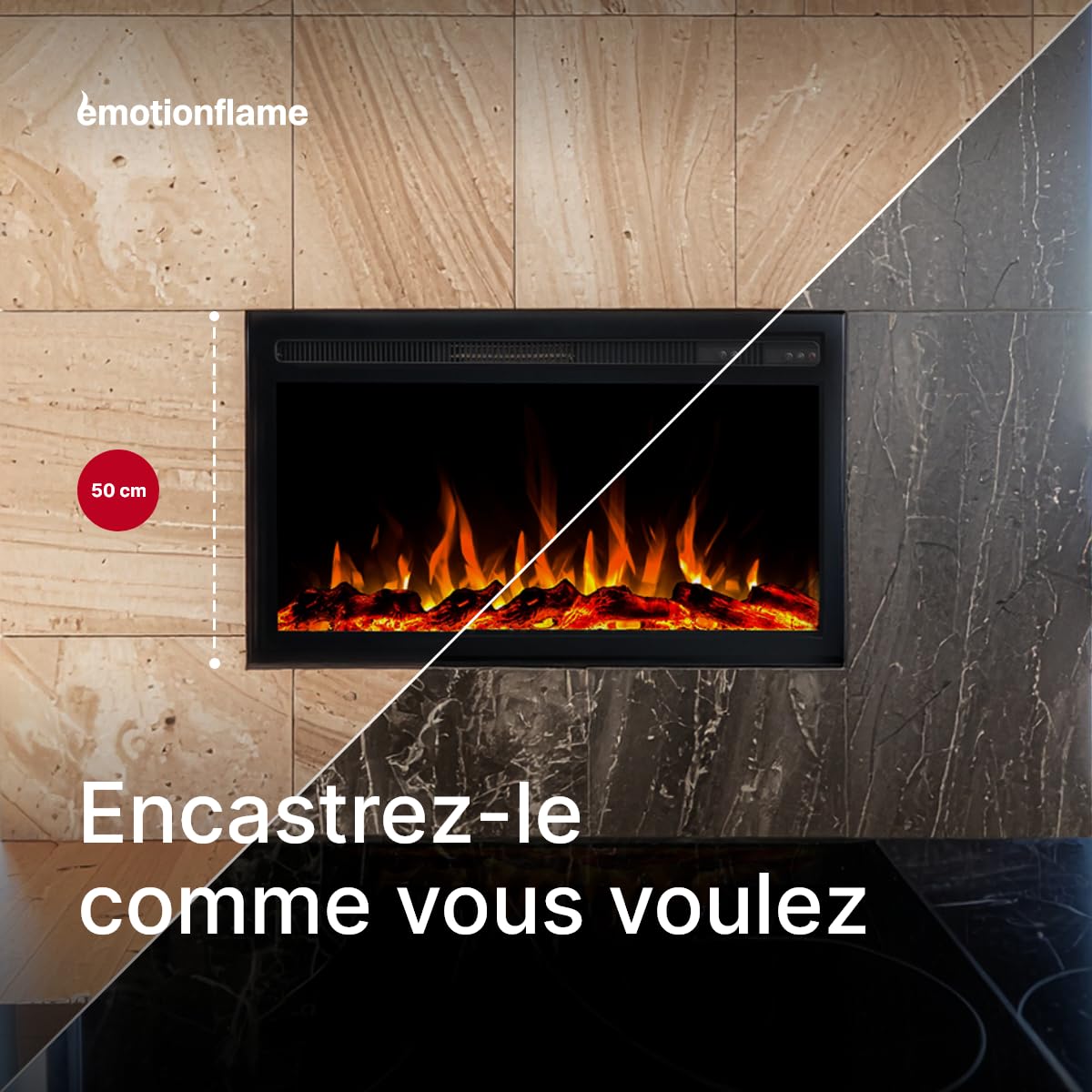 Infinity Insert Electrique pour Cheminée Électrique - Feu Premium - Intégré - 81x14x50 cm - Cheminée LED avec Chauffage 750/1500 W