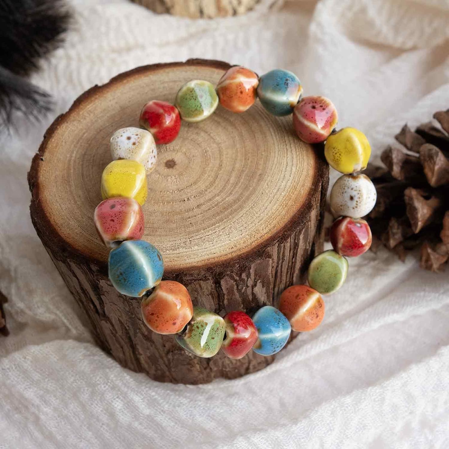 Handmade Multi-Color Faceted Ceramic Beads Bracelet for Women, Boho Stretch Bracelet with Oval Colorful Glazed Beads, Adjustable Bohemian Jewelry Gift for Mom Wife - Image 3