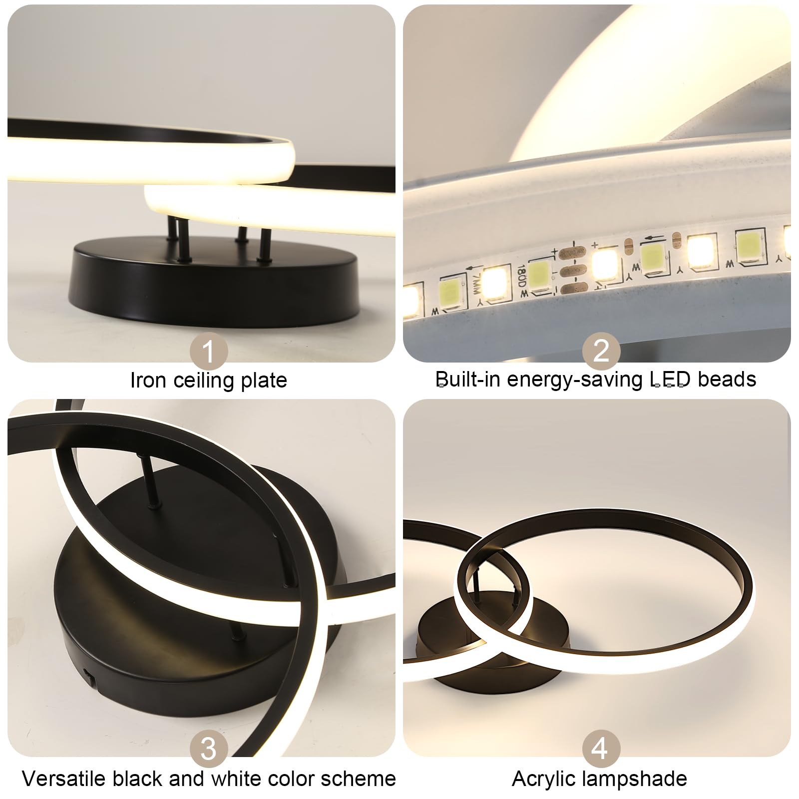 Toolight Plafoniera LED Soffitto, 42W 4725LM Lampadario LED Moderni Rotondo Acrilica, Plafoniera per Cucina Soggiorno Camera da Letto, Luce Bianco Naturale 4500K, Nero, 54CM