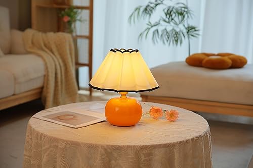 Miniatura 2 de Lámpara de mesa moderna de mediados de siglo, base de cristal naranja y pantalla festoneada plisada blanca para dormitorio, sala de estar, mesita de