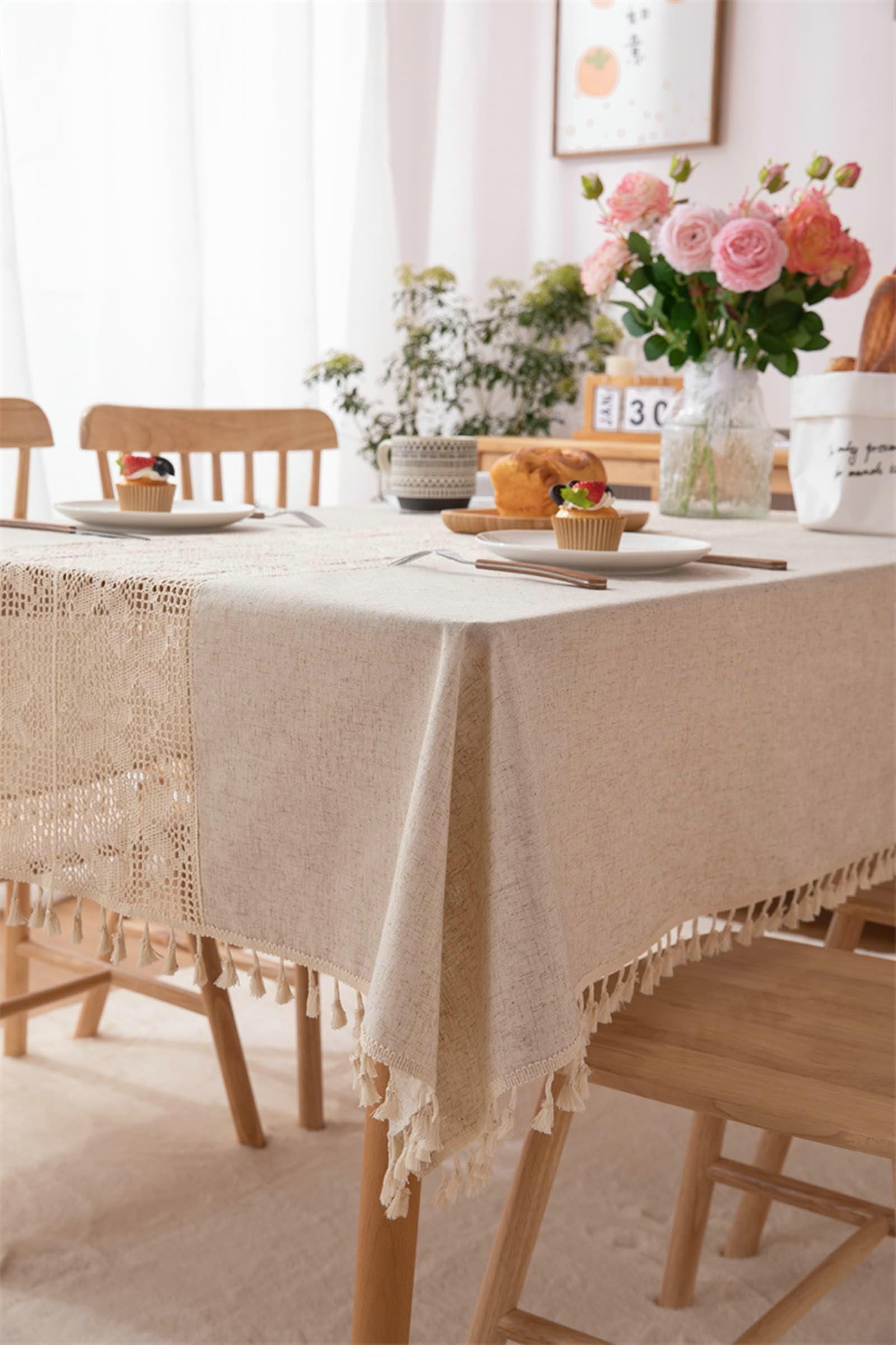Gualiy Manteles Mesa Comedor Rectangular, Poliéster Manteles Mesa Cocina 140x260CM Manteles de Mesa Antimanchas Mariposa Hueca con Borlas Manteles para Mesa de Cocina, Beige