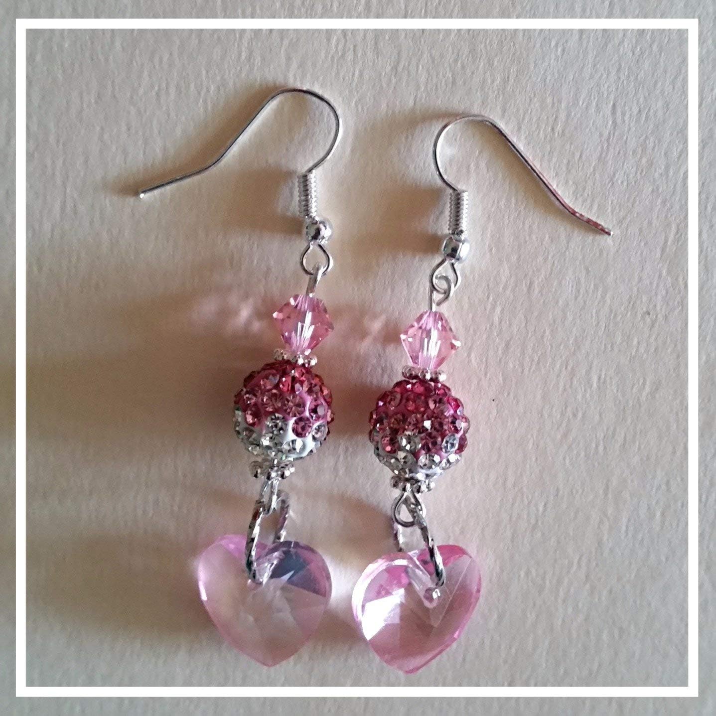 Pink Crystal Heart Rhinestone Ball Earrings - Easter Mother's Day Valentine's Day Christmas Birthday Gift - Handmade Dangles - Image 3