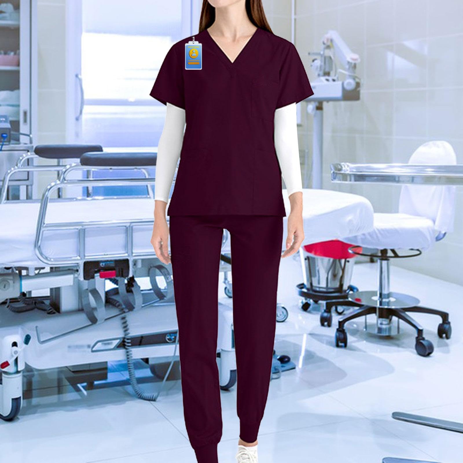 Amagogo Uniformen OP-Bekleidungsset Arbeitsanzüge, Krankenschwester-Oberteil und -Hose Damen-Pflegeuniform V-Ausschnitt Kurzarm-Arbeitskleidung für Pet Shop, Dunkelrot, m