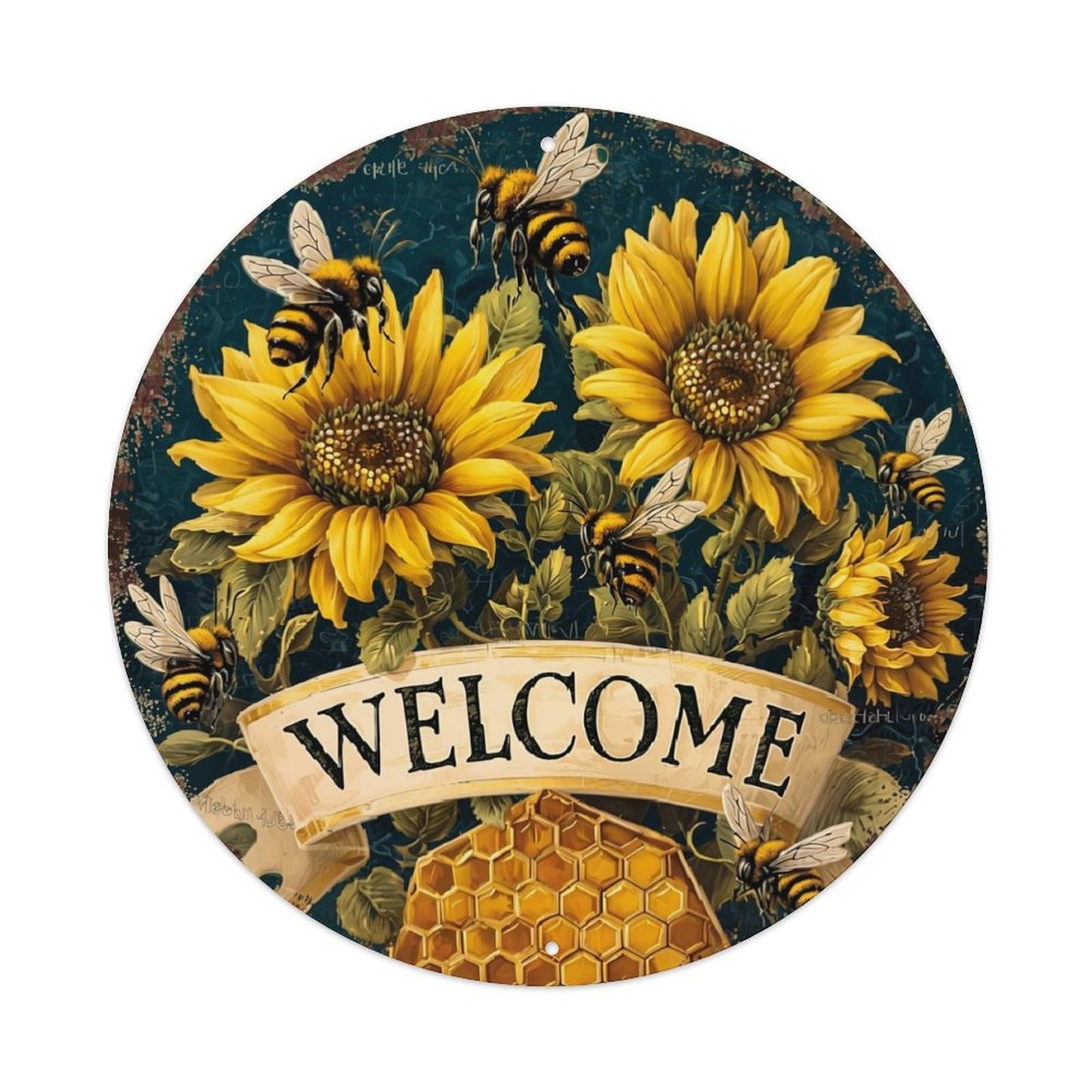 Sunflowers Bees Honeycomb Welcome Sign Tin Sign Metal Poster Vintage Metal Signs for Home Man Cave Bar Cafe Kitchen laundry room Wall Decorations 8x8 inches