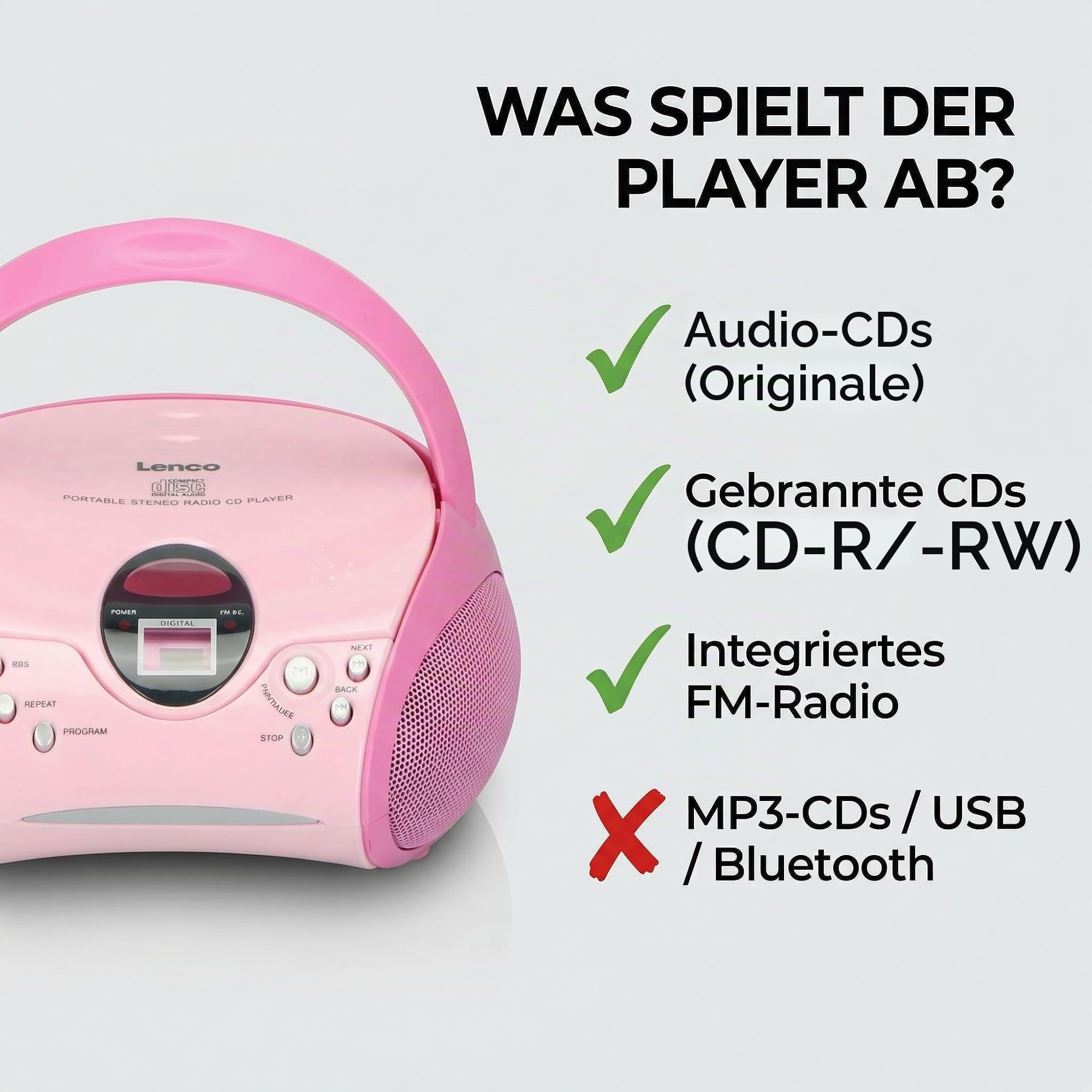 Lenco SCD-24 PINK - CD Player - Radio-CD Player - auch für Kinder - Tragbar | SCD-24 - CD Spieler - Stereo - LCD - Display - Kopfhöreranschluss - Batterie u. Netzbetrieb - rosa