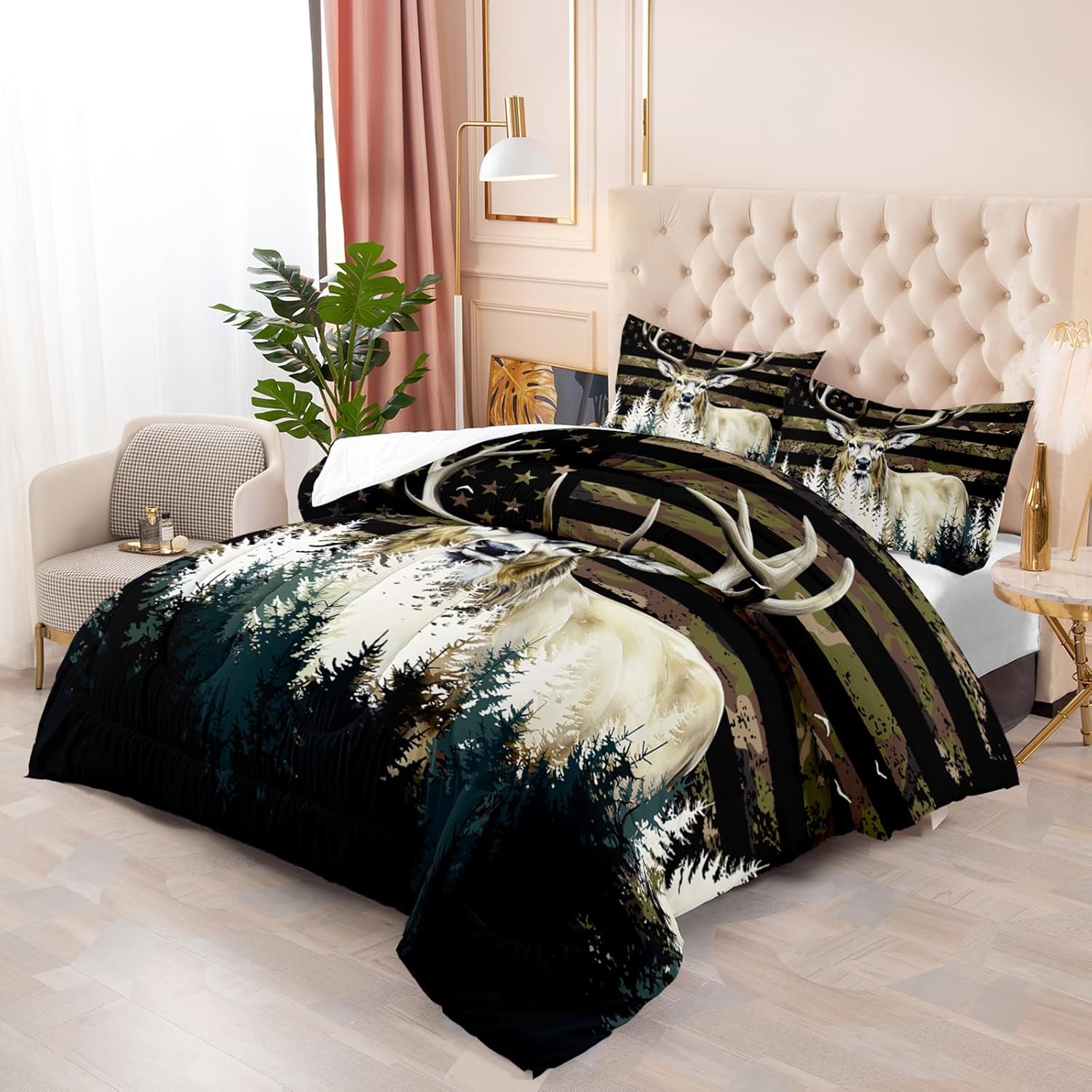 Deer Comforter Sets for Boys Kids Teens American Flag Camo Bedding Sets, Full Size Western Farmhouse Wild Animal Quilt Black White Home Decor 3 Pcs with 1 Comforter 2 Pillowcase