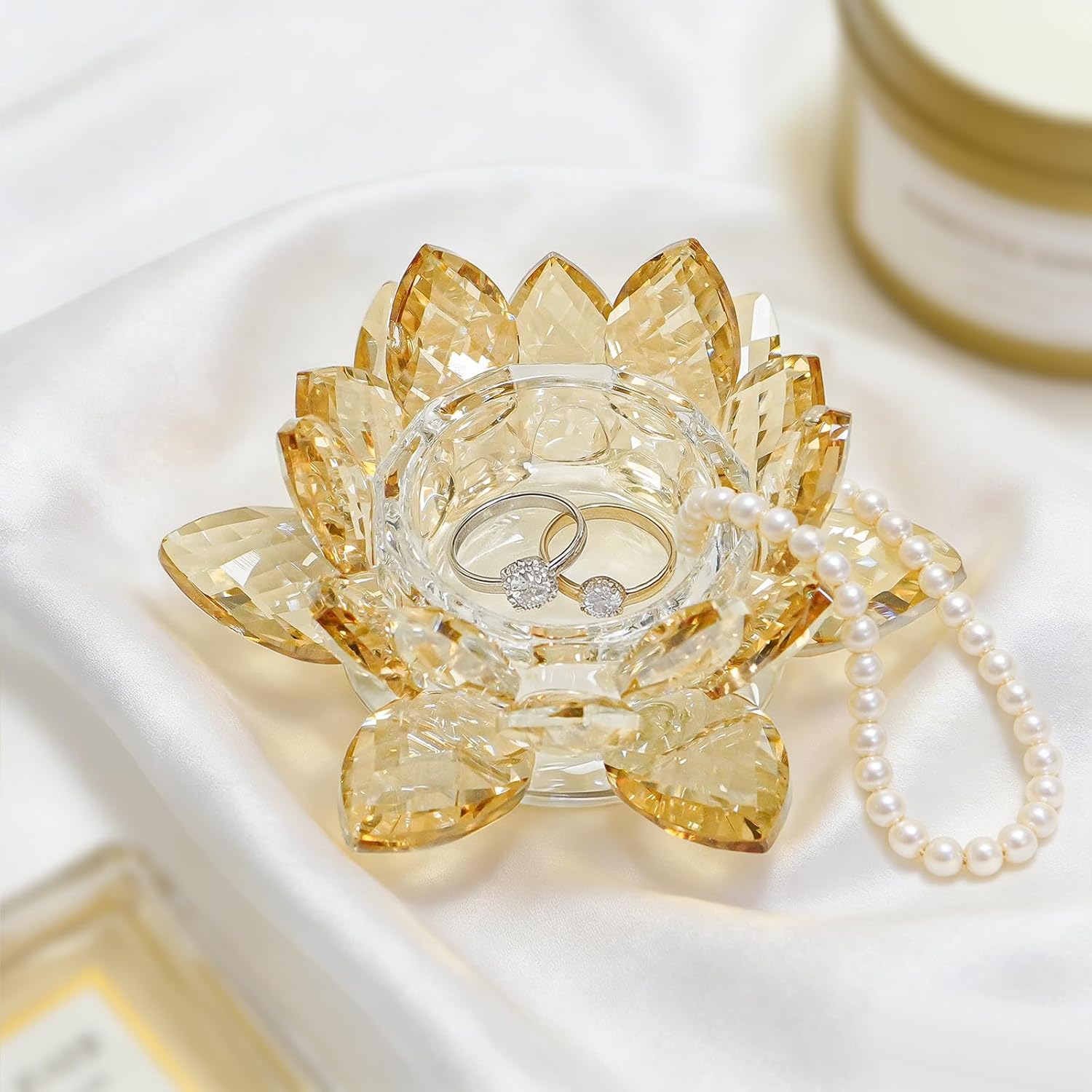 Crystal Flower Jewelry Tray, Luxury Transparent Decorative Trinket Dish for Rings, Earrings, Necklaces, Keys for Vanity Dresser Nightstand, Elegant Gift for Women Mother's Day (1, 6.3"(W) - Clear)