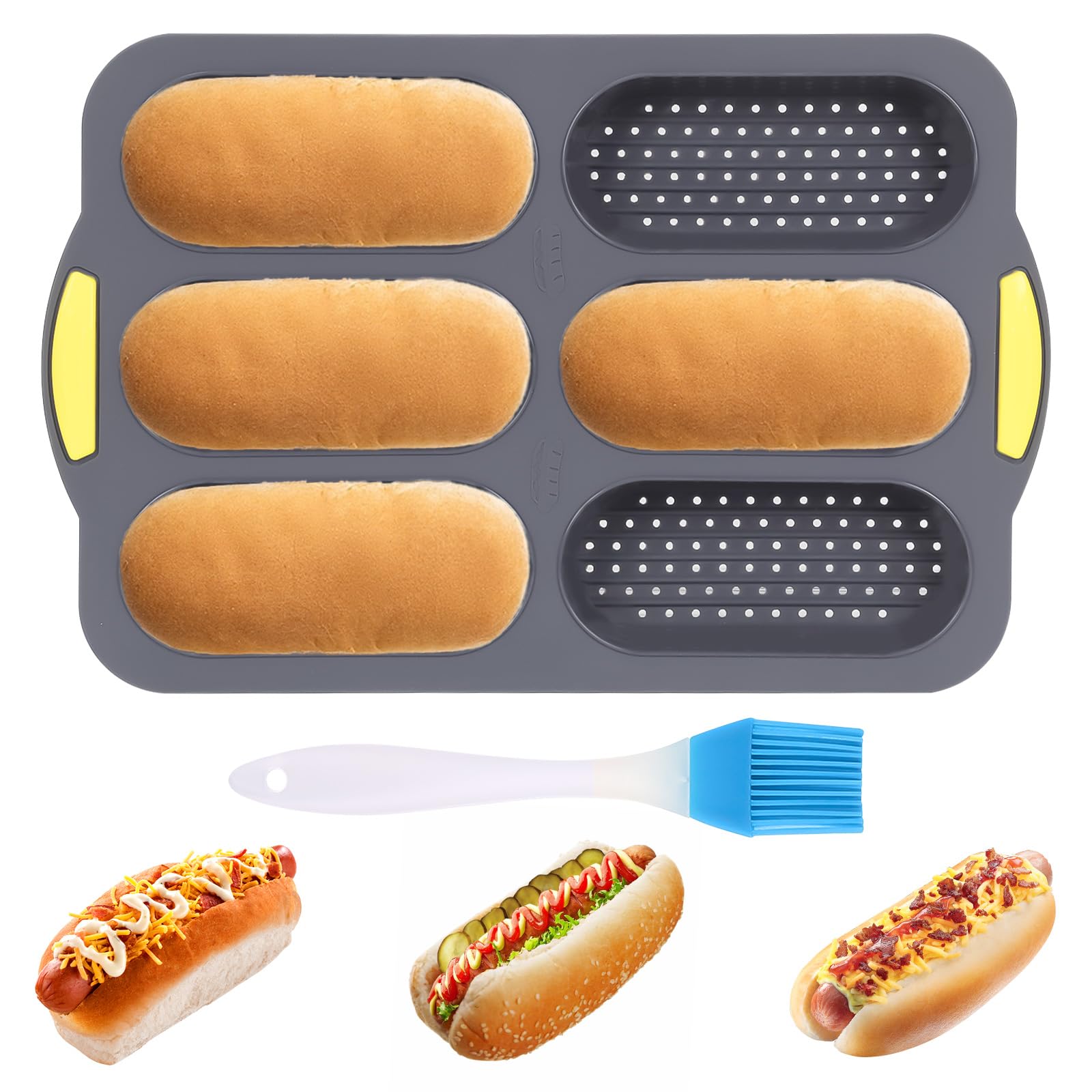 mumisuto Nonstick Silicone Baguette Pan, Perforated Baking Forms Hot Dog Bun Mold 6 Loaf French Bread Bake Mold Sandwich Mold Baking Tray for Oven Baker (grey)