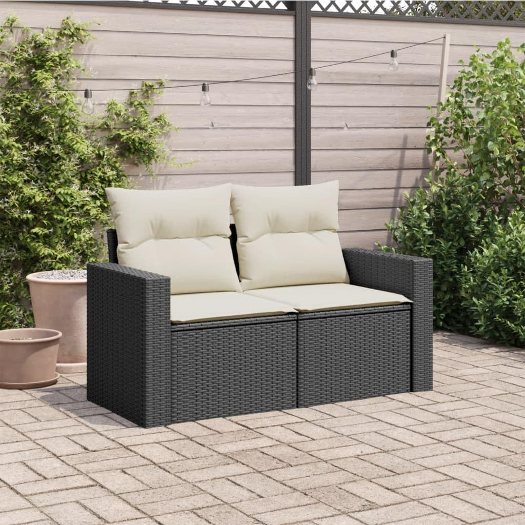 Divano da giardino a 2 posti, nero, con cuscino in polyrattan, resistente alle intemperie, modulare per balcone, terrazza, lounge all'aperto, con comoda imbottitura e schienale