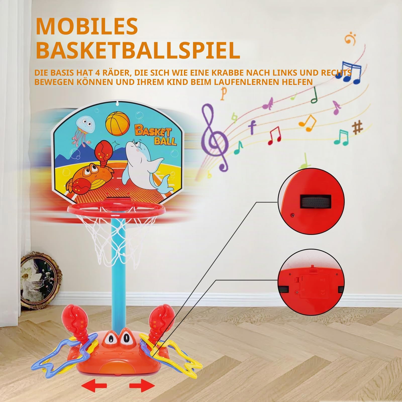 Kinder Basketballkorb mit Ball Indoor Outdoor,70cm Beweglicher Basketballkorb mit Ständer Zimmer Spielzeug für Kleinkind 1 2 3 Jahre