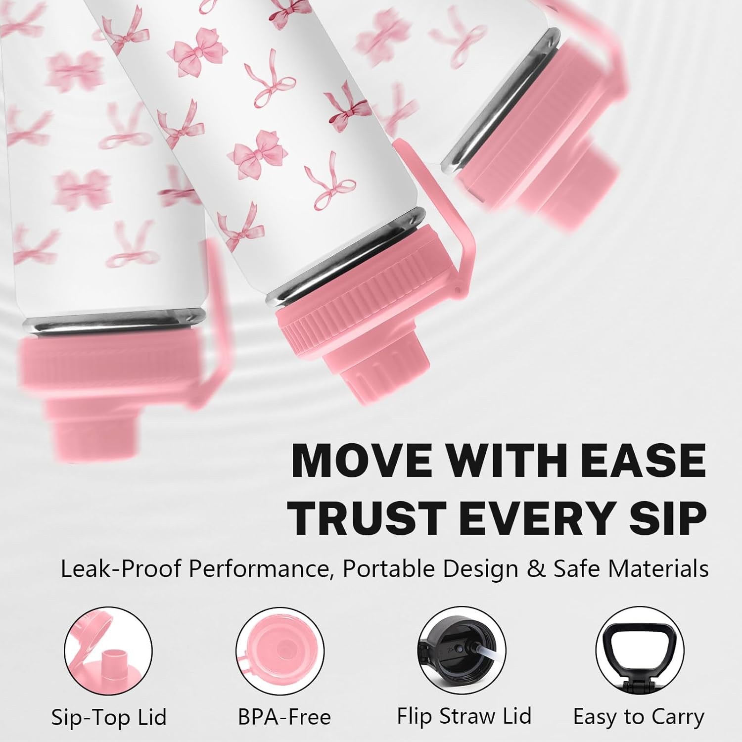 Bow Knot Water Bottle for Daughter, Stainless Steel Insulated Tumbler for Home with 2 Lids & Handle, Antislip Silicone Boot, 18oz Reusable Leak-proof Bottle for Sports, 1 PCS - Image 4