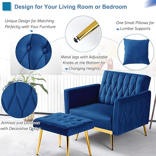 Miniatura 38 de Silla decorativa de terciopelo con reposabrazos y respaldo ajustables, sillón reclinable con botones, sillón reclinable individual con otomana y una