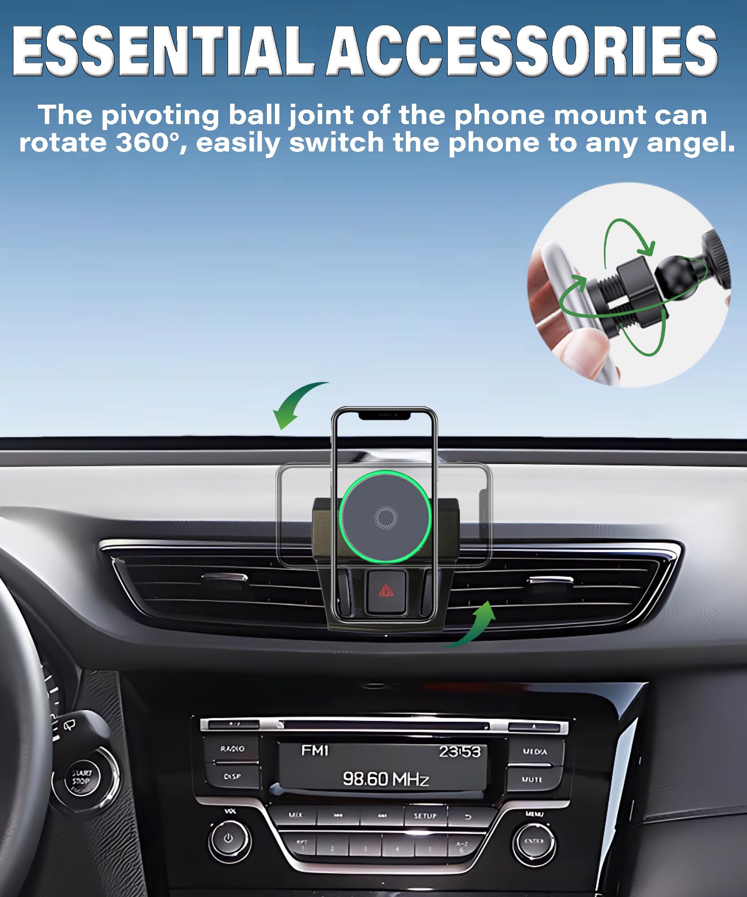 Support de téléphone de voiture pour Nissan Rogue 2014-2020 Accessoires 15 W Chargeur rapide sans fil réglable Support de téléphone portable mains libres Rotation à 360 degrés