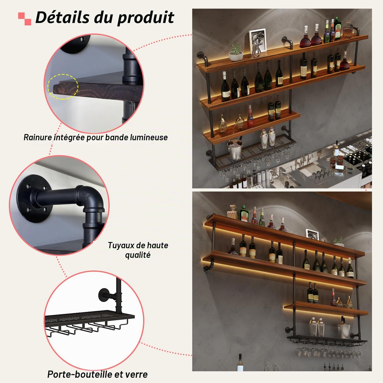 Casier à Vin Mural en Bois Massif, Porte-Bouteilles Muraux Industriels avec Lumière LED, Étagère à vin Murale vec Porte-Verre pour Cuisine Bar Salle (100 cm)