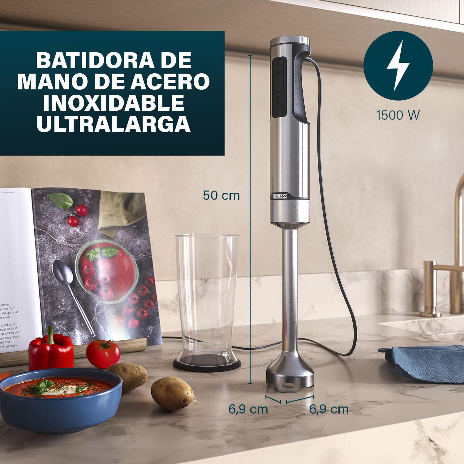 Princess Batidora de Mano de Acero Inoxidable Prof XXL, 1500W, Brazo Extra Largo 50 cm, 5 Velocidades + Turbo, 4 Cuchillas, Vaso con Tapa Antideslizante, Apta Lavavajillas, 221233