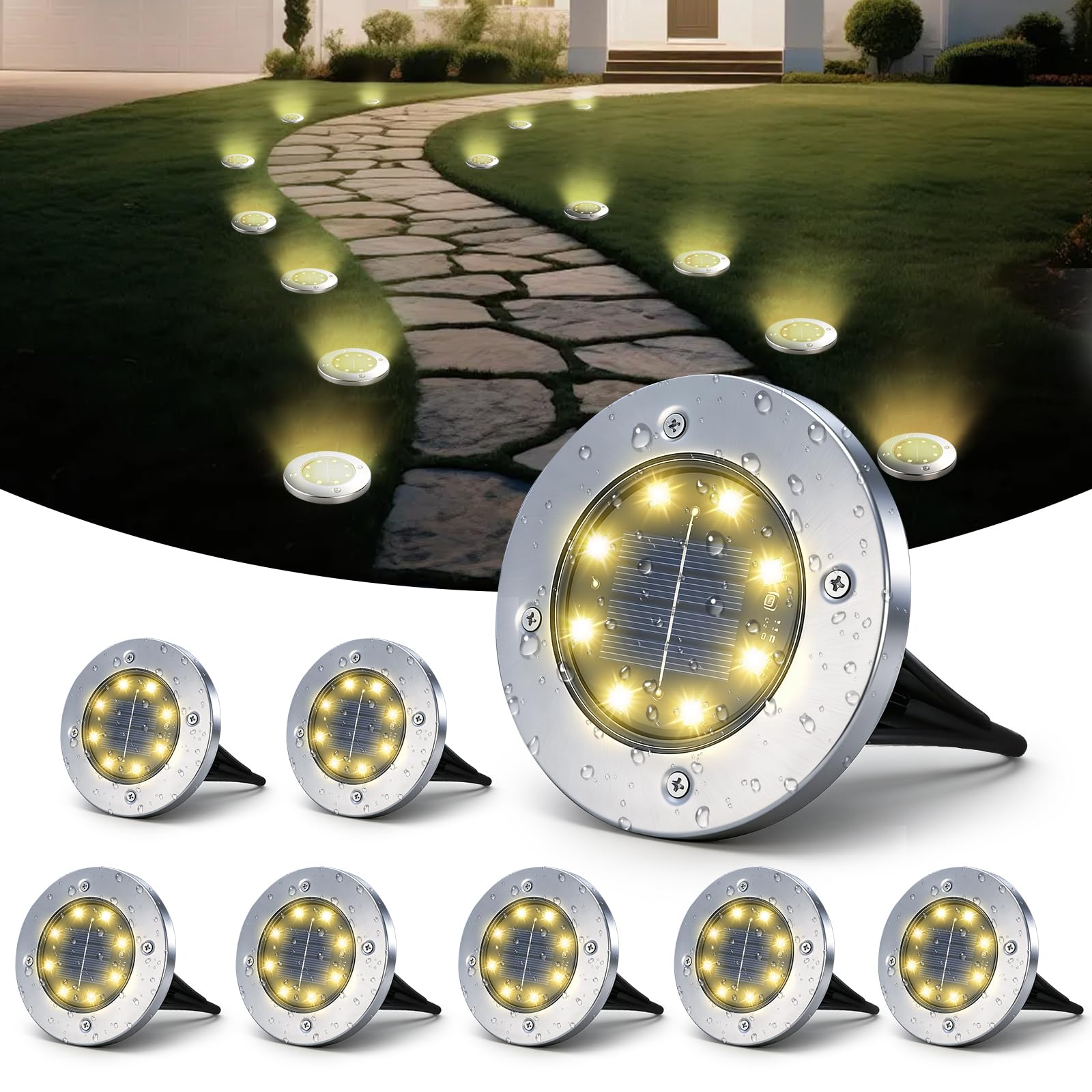 8 Stück Solar Bodenleuchten Aussen - 8 LED Warmweiß Solarlampen für Außen, IP65 Wasserdicht Solarleuchte Gartenleuchte für Garten, Rasen, Gehweg, Patio, Auffahrt
