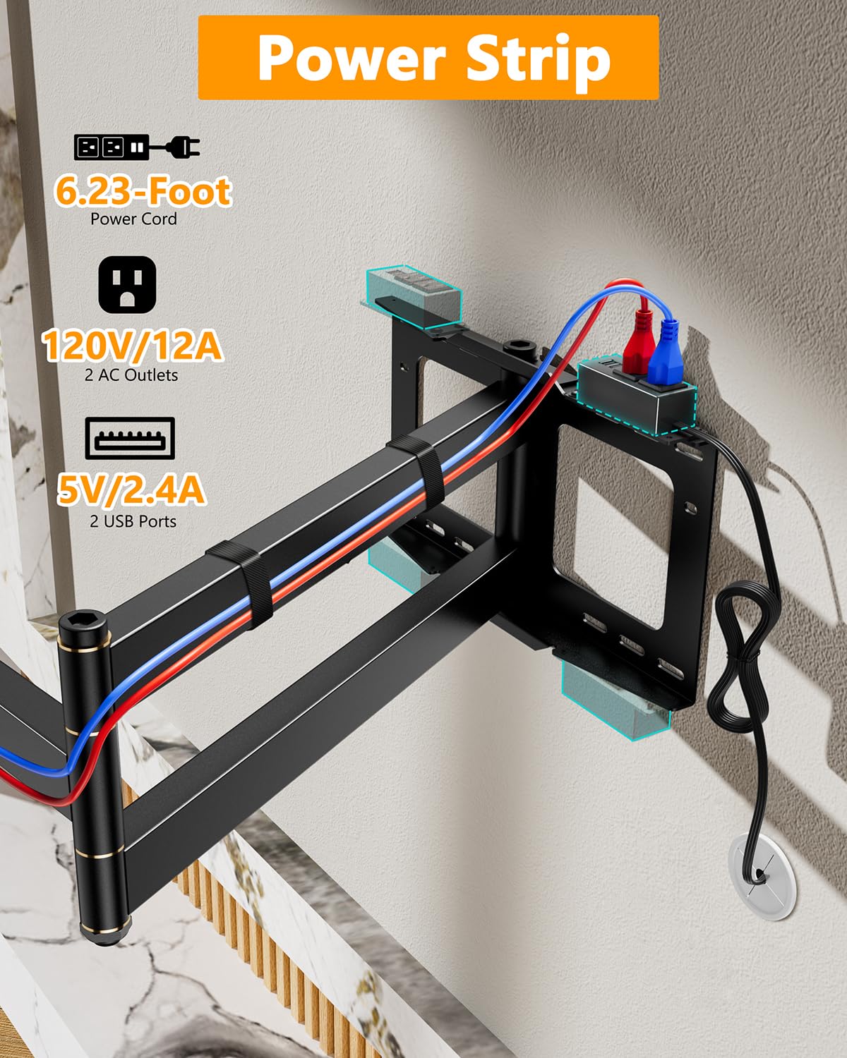 48'' Extension Extra Long Arm Heavy Duty TV Wall Mount with Power Outlet, Landscape to Portrait Full Motion TV Mount for 26''-65'' Screens, Load 99 lbs, Max VESA 400x400mm, 16'' Stud