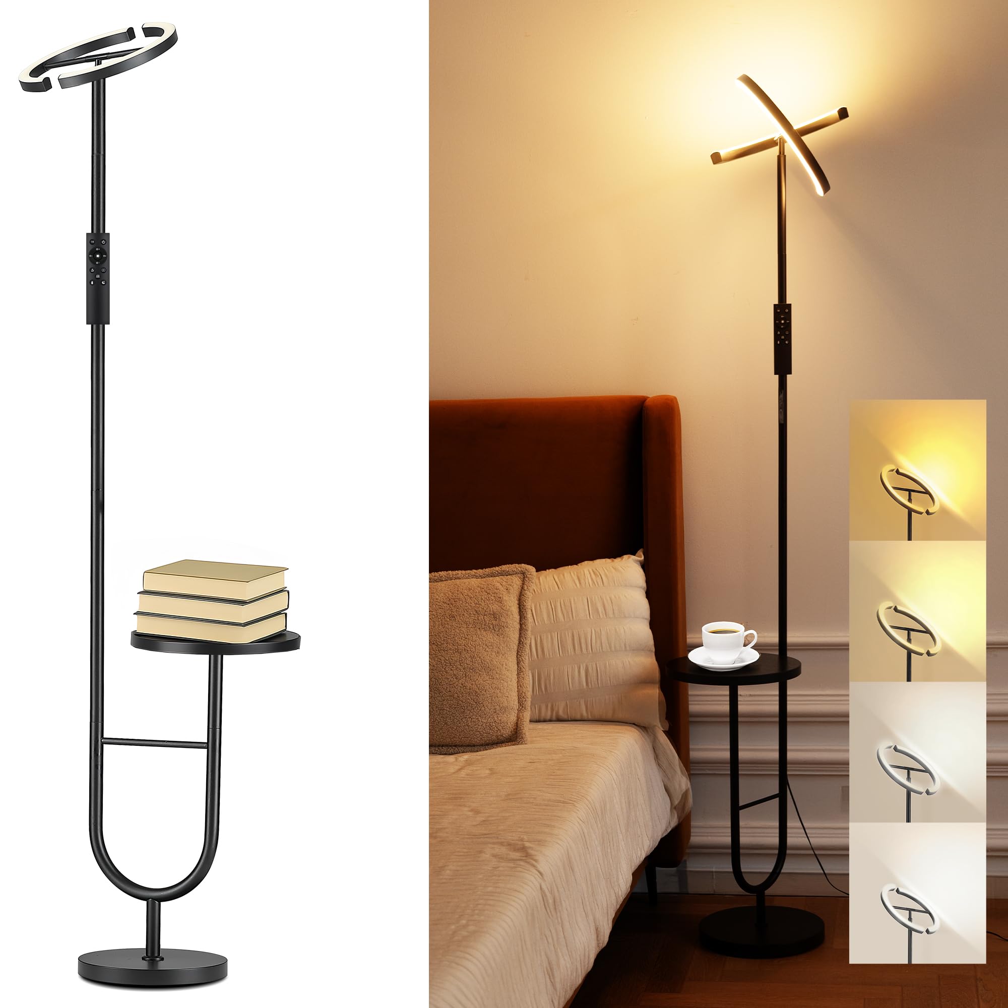 Lampada da Terra LED con Tavolino – 36 W dimmerabile con Telecomando e Touch, Testa Girevole 360°, 2700K-6500K, Lampada Moderna Nera per Soggiorno e Ufficio, 175 cm