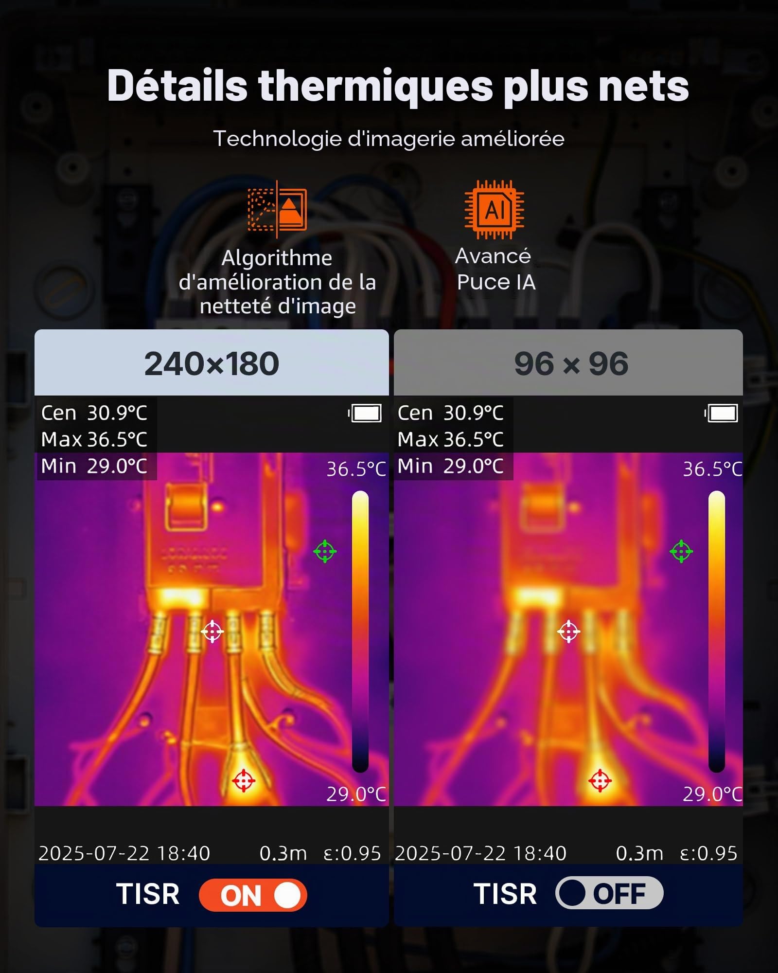 VEVOR Caméra Thermique Résolution TISR 240x180 pixels Imageur Thermique Résolution IR 96x96 pixels Vision 2 Mpx, Fréquence Rafraîchissement 25 Hz, -20 °C à 550 °C, 4 Modes Image, 6 Palettes Couleurs