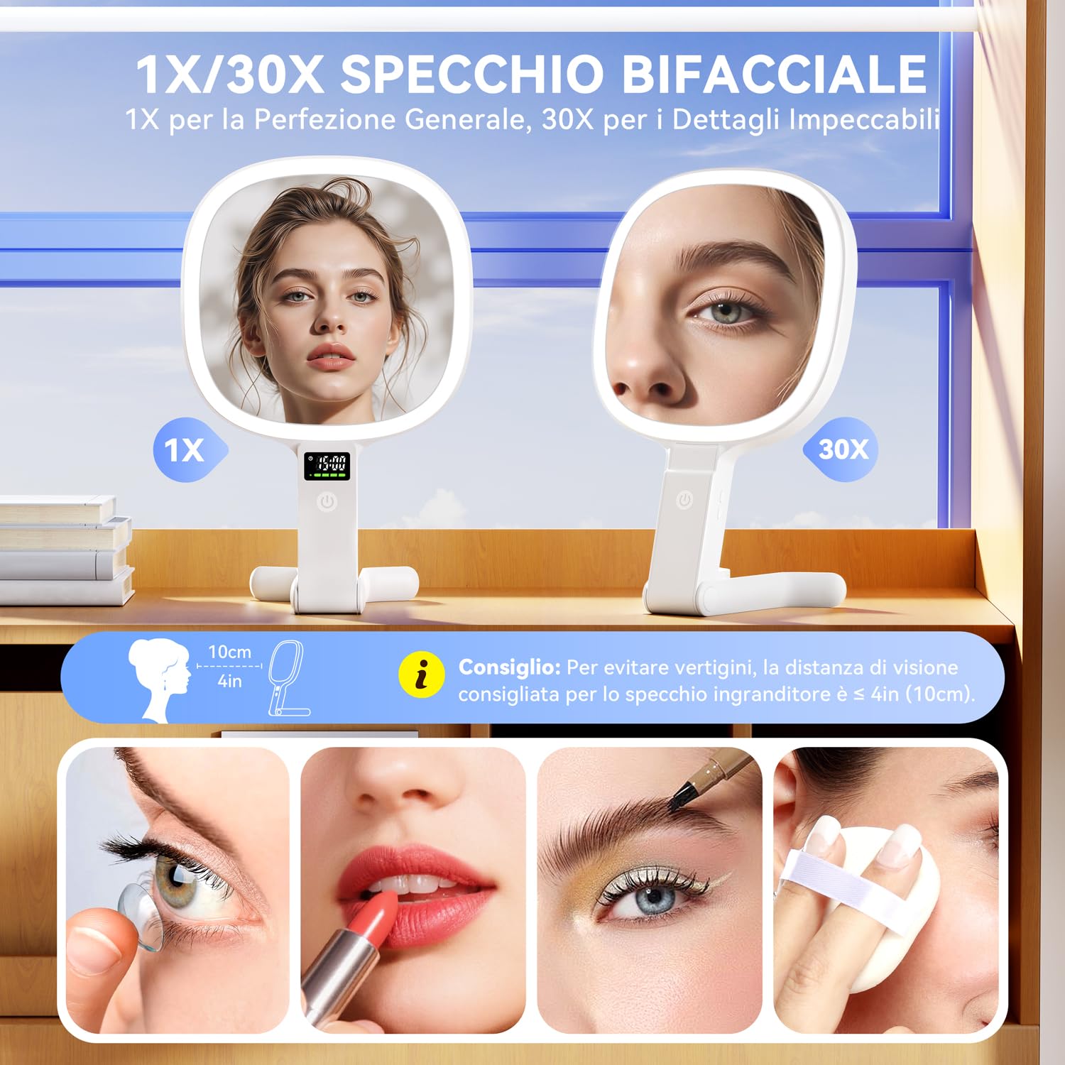 Auxmir Specchio Ingranditore Bifacciale 30X/1X Visualizza Tempo Intelligente, Specchio Trucco con Luci LED a 3 Colori Regolabile, Specchio da Tavolo Pieghevole a Mano e Appeso, Ricaricabile da Viaggio