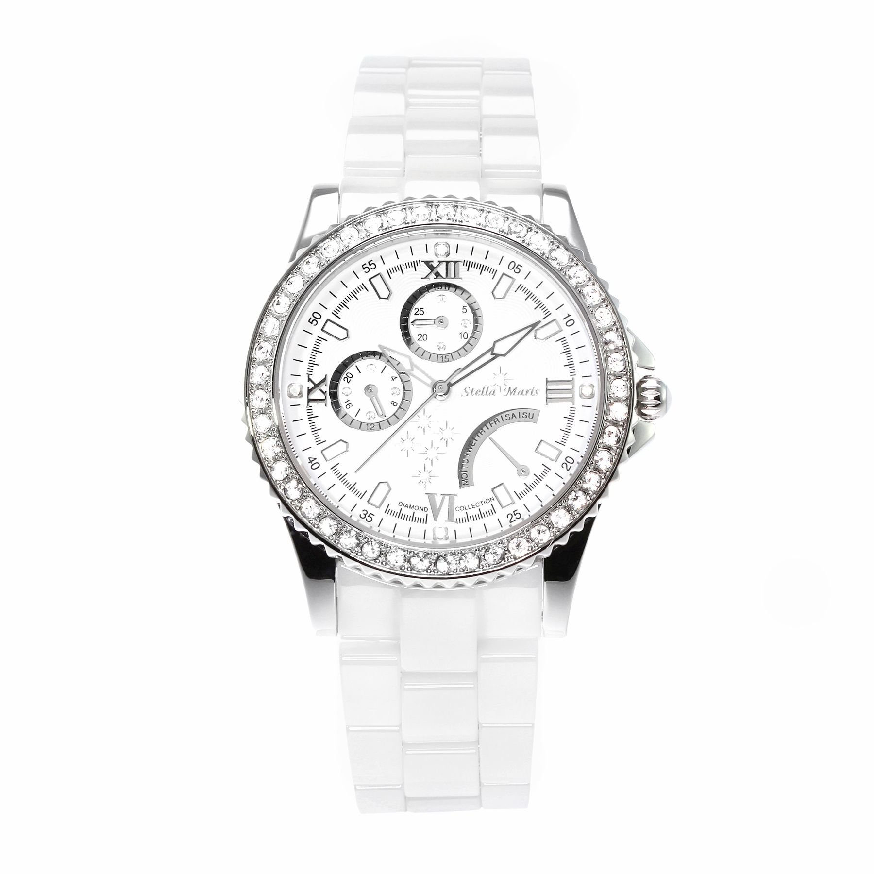 Stella Maris Damen Armbanduhr Analog Quarz Uhr Stilvolle Elegante Damenuhr Frauenuhr Weiß Silber Premium Keramik Armband Diamanten Swarovski STM15N1