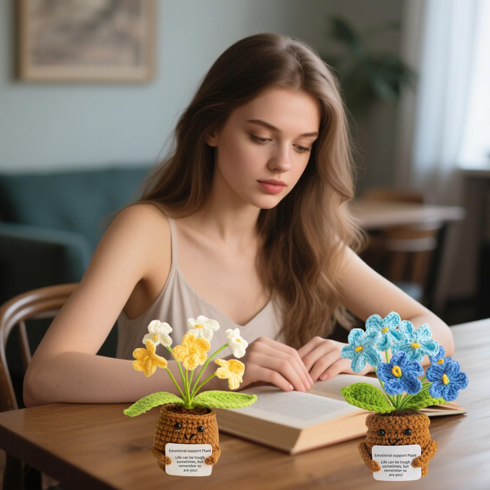 Ensemble de fleurs en crochet pour anniversaire, lot de 2 bouquets en crochet - Minis poupées de plantes en crochet faites main comme cadeau de remerciement pour enseignants, collègues, élèves, départ