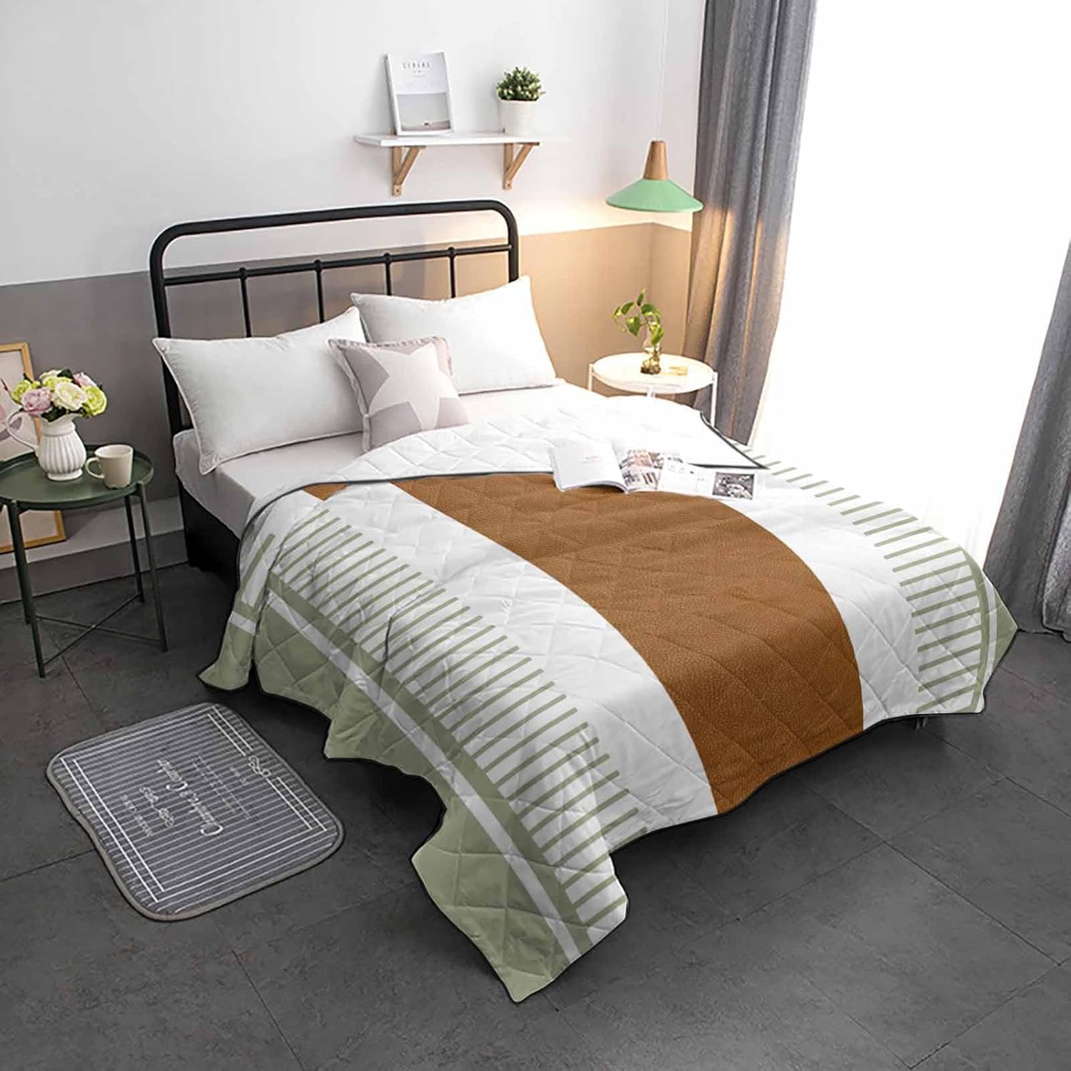 T&H XHome Quilt Full Size Luxury Quilted Comforter Bedspread-Thin Soft Cozy, Boho Sage Green and Brown Striped Geometric Retro Farmhouse Reversible Stitched Lightweight Quilt Coverlet for All Season