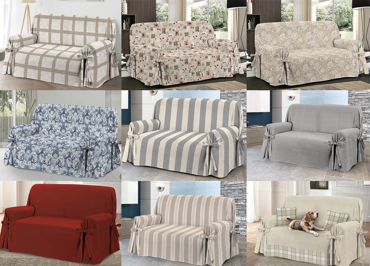 Protège-canapé avec lacets, nœuds pour la fixation, fabriqué en Italie, différents motifs 3 places, Écosse, beige