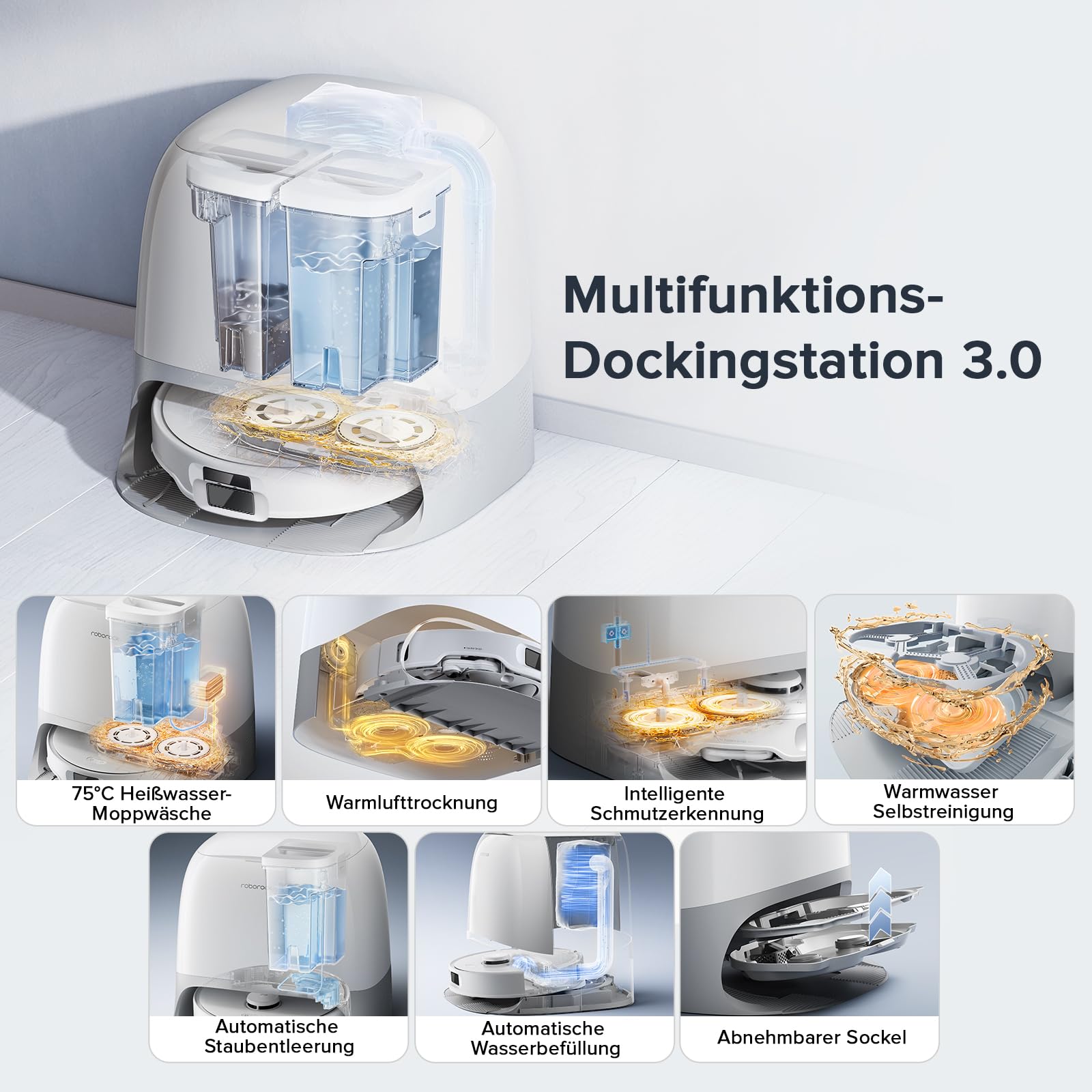 roborock Qrevo Curv S5X Saugroboter mit Saugleistung von 18.500 Pa, Dual Anti-Tangle-System, 75°C Heißwasser-Moppwäsche, Intelligente Schmutzerkennung, All-in-One-Dock (Weiß) (Generalüberholt)