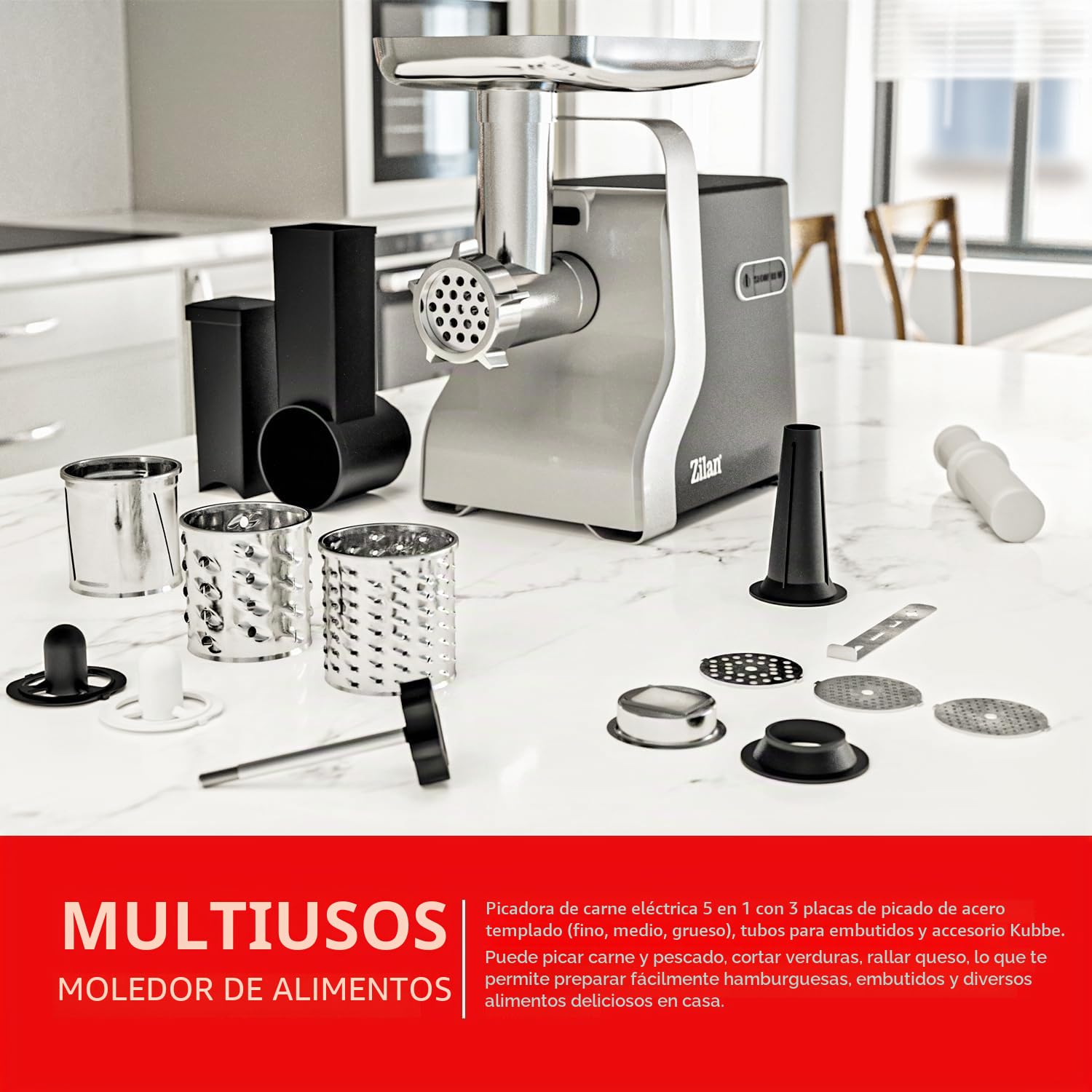 Zilan, Picadora de carne 9 en 1 | 2100W | 3 discos perforados | función reversible | accesorio para salchichas | accesorio para hornear | muchos accesorios | carne lobo | máquina eléctrica para