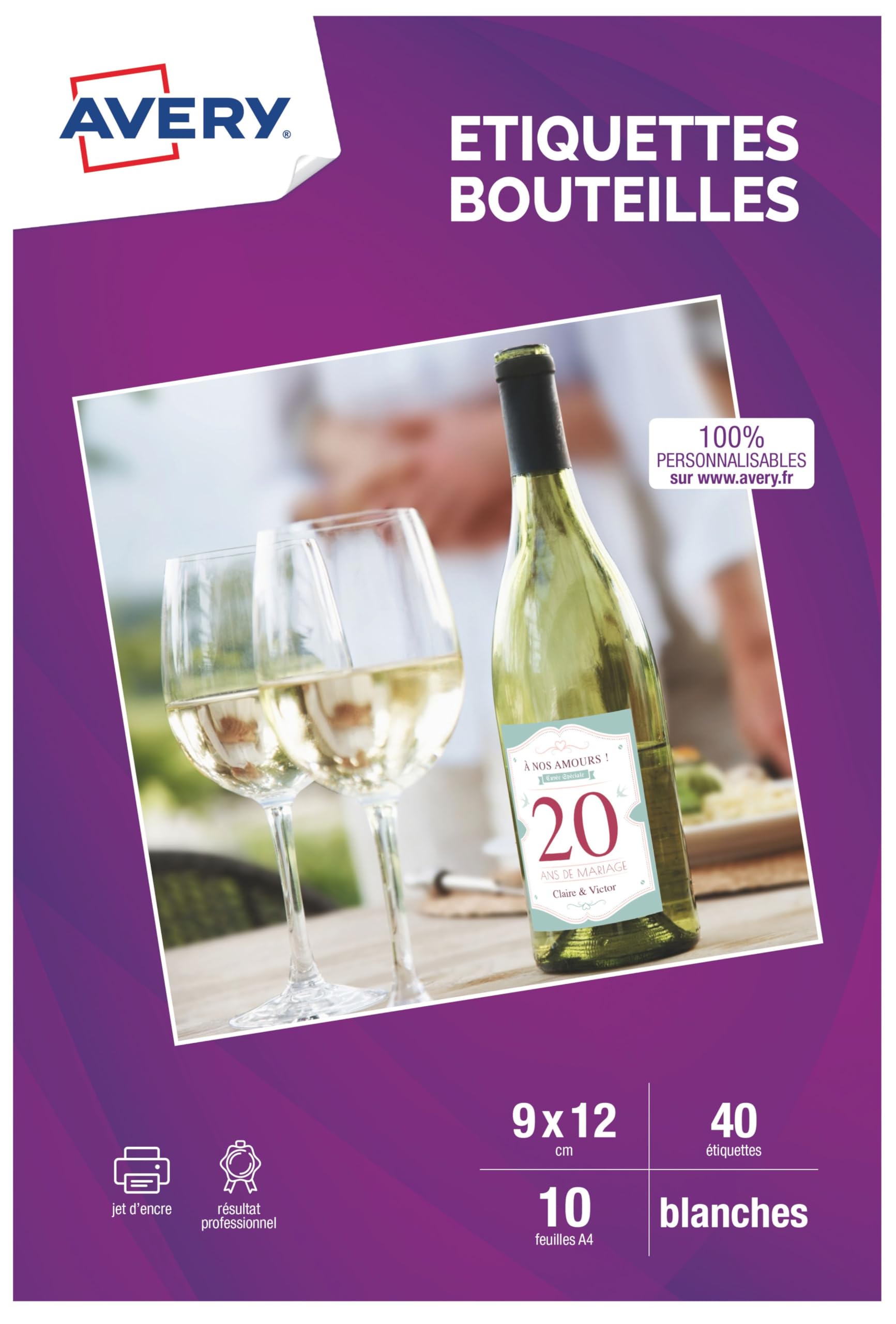 AVERY - 40 étiquettes autocollantes personnalisables pour bouteilles, format 90 x 120 mm, compatibles impression jet d'encre, idéales pour vin, jus, cadeaux, événements et créations DIY