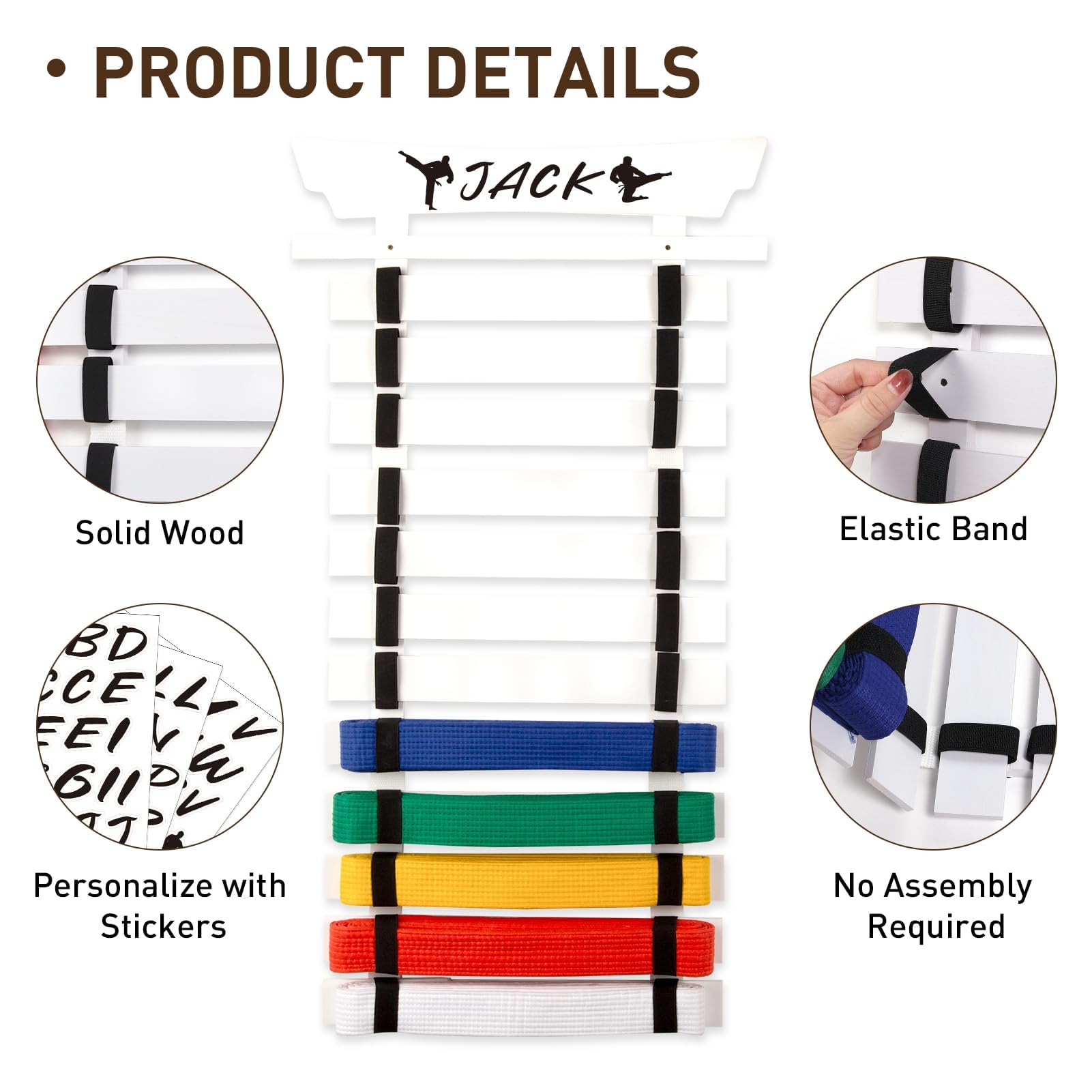 Support de présentation pour 12 ceintures de karaté avec autocollants, support de ceinture d'arts martiaux, ceinture de taekwondo, Jiu Jitsu, BJJ, support à suspendre pour enfants et adultes