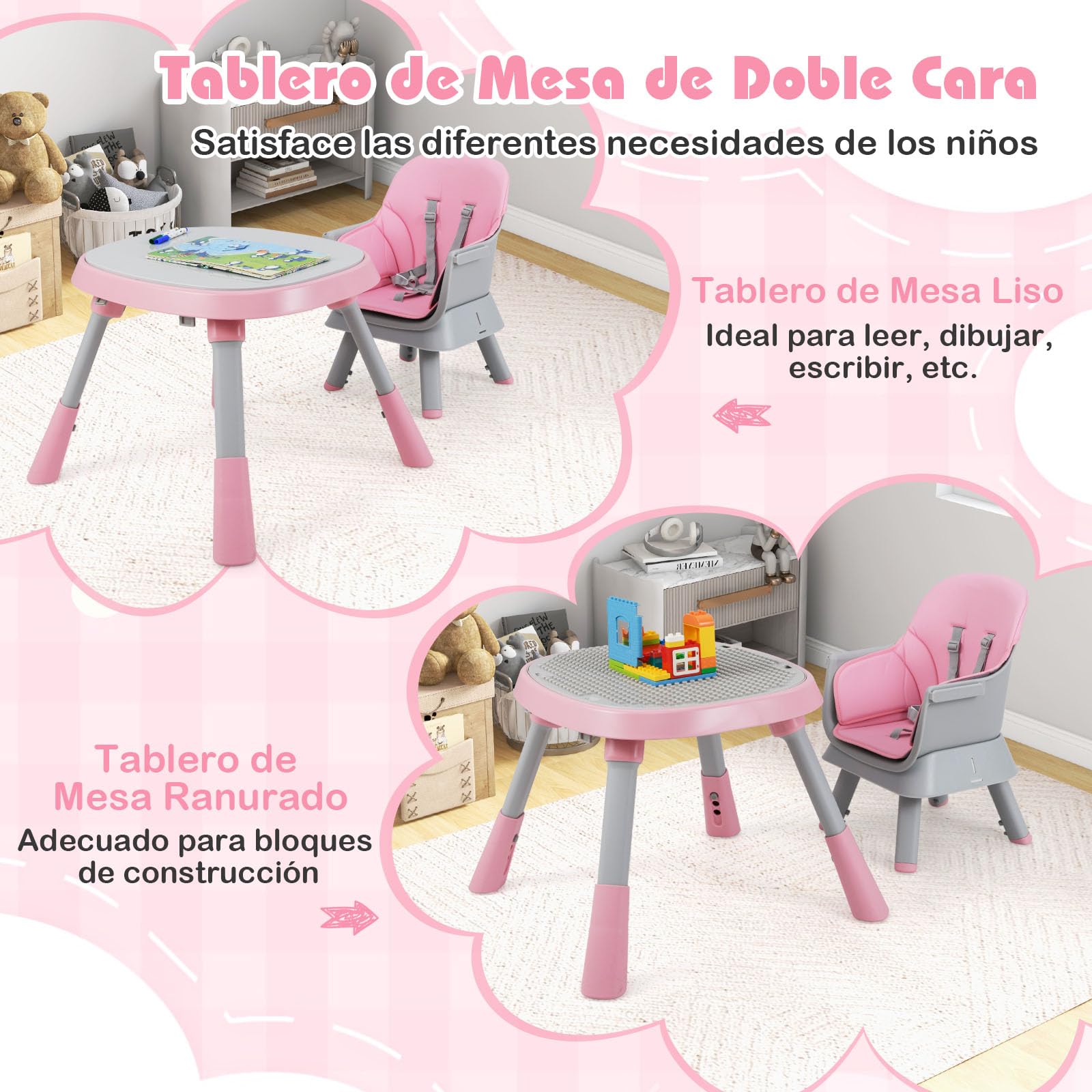 COSTWAY Trona Evolutiva Bebé 16 en 1, Trona Bebé con 3 Alturas Ajustables, Asiento Giratorio 360°, Bandeja con 3 Opciones y Mesa de Doble Cara, Silla de Comer para 6-36 Meses (Rosa)