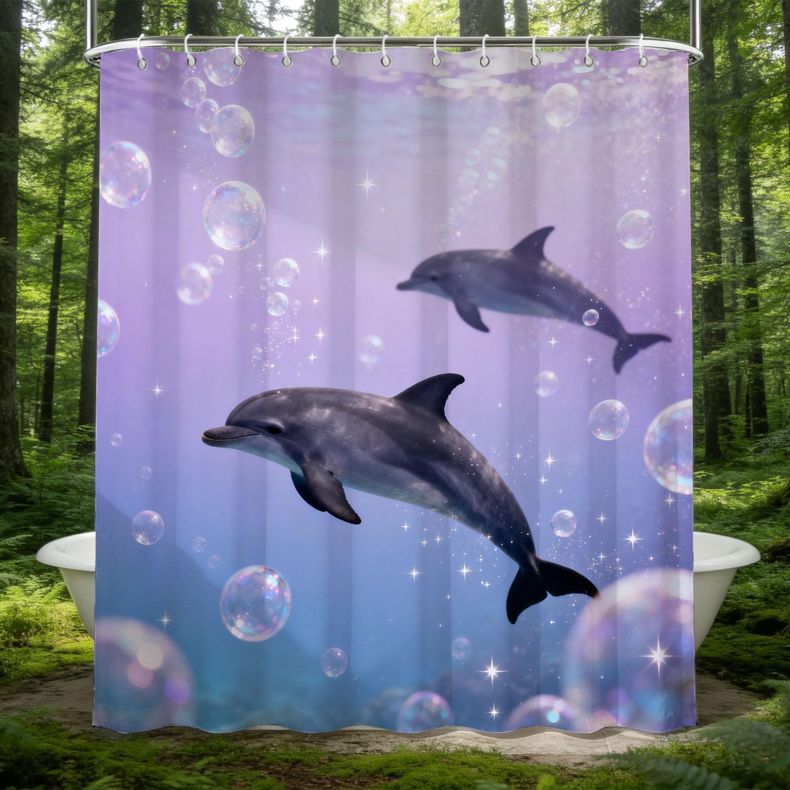 Hongduo White 3D Dreamy Dolphin Shower Curtain For Stalls Bathtubs Marine Life Bathroom Decor Shower Curtain Set Polyester Fabric Waterproof 180X180cm/71X71 Inch With Hooks