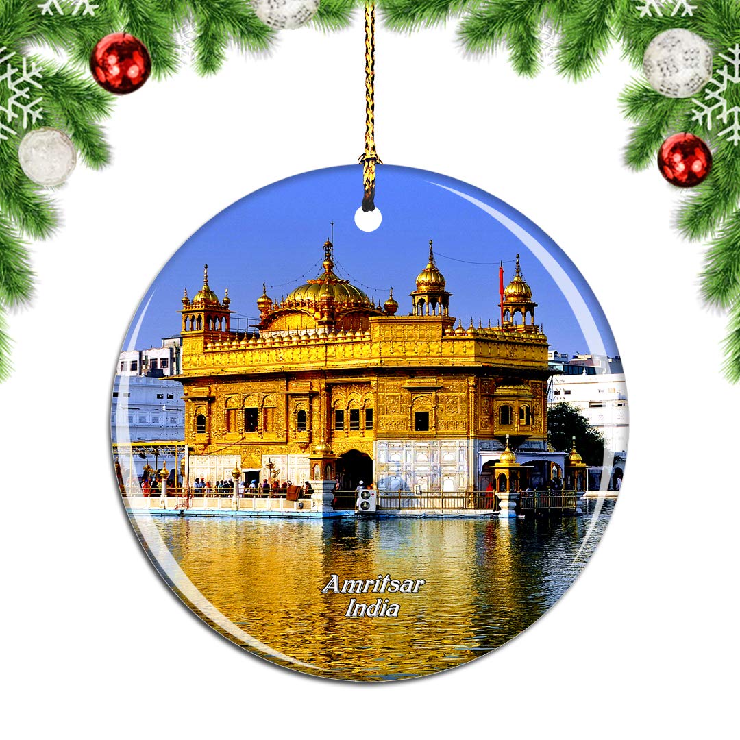 Weekino Golden India Temple Amritsar Christmas Xmas Tree Ornament Decoration Hanging Pendant Decor City Travel Souvenir Collection Double Sided Porcelain 2.85 Inch