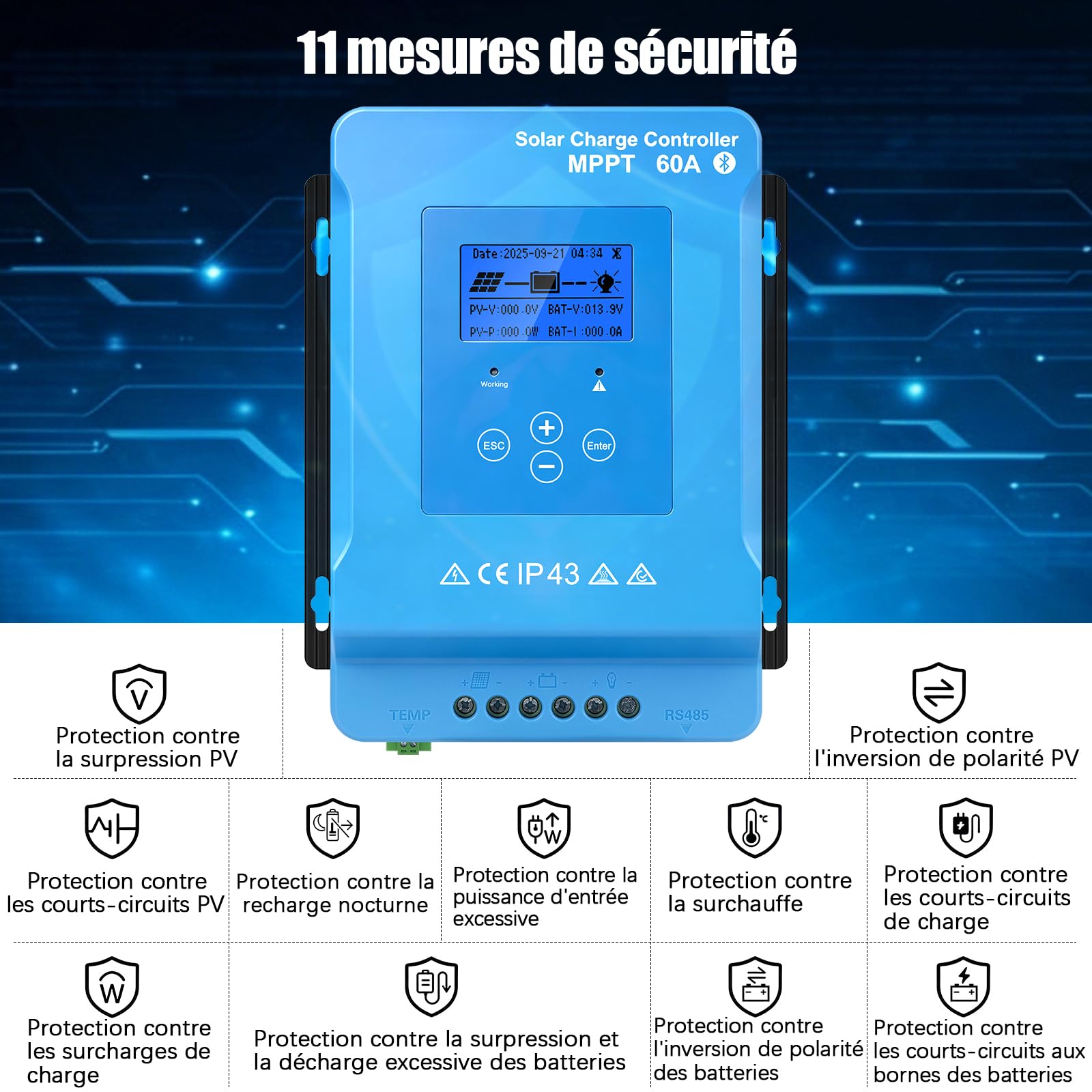 150V 60A Regulateur de Charge Solaire MPPT 12V24V48V96V Bluetooth Controleu