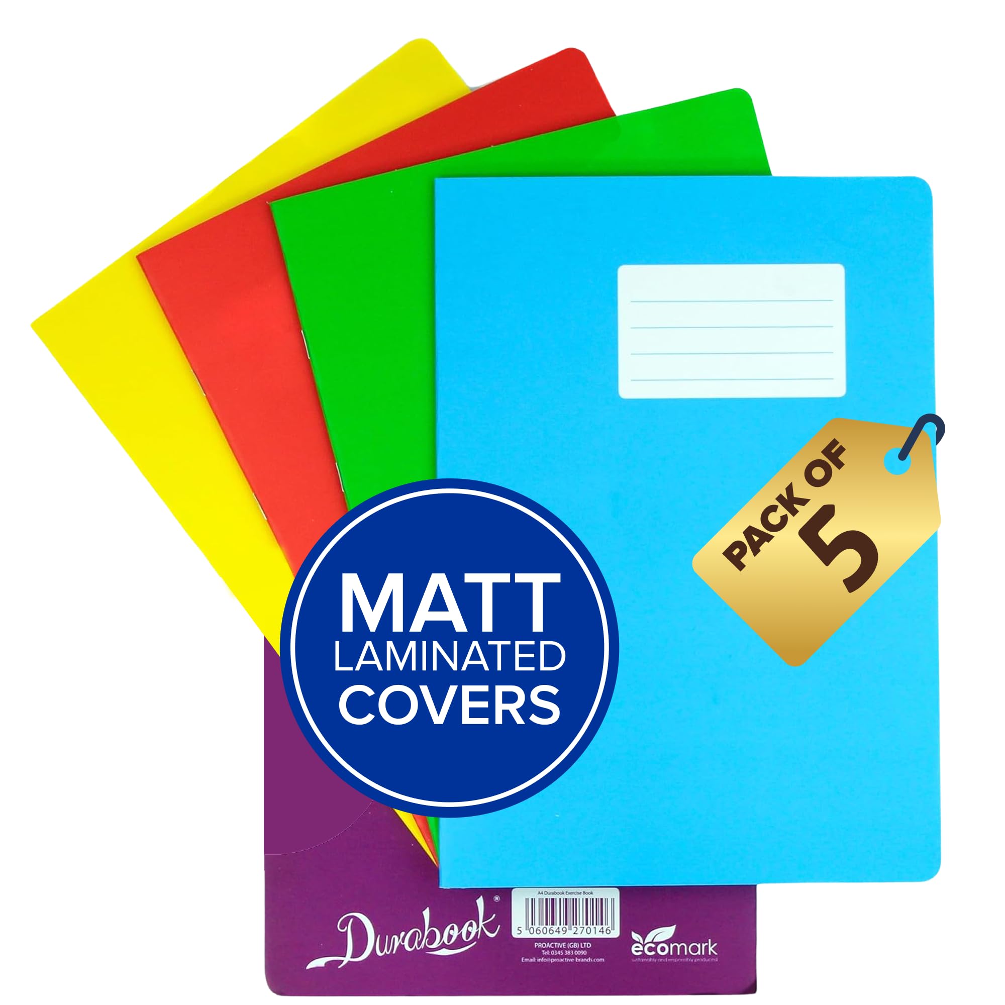 A4 8mm F&M 5 Assorted Colour Exercise Books, Pack of 5, 80 Page Durable Matt Laminated Water-Resistant Cover, Ruled & Margin School Notebook, Great Office, Home & School Supplies