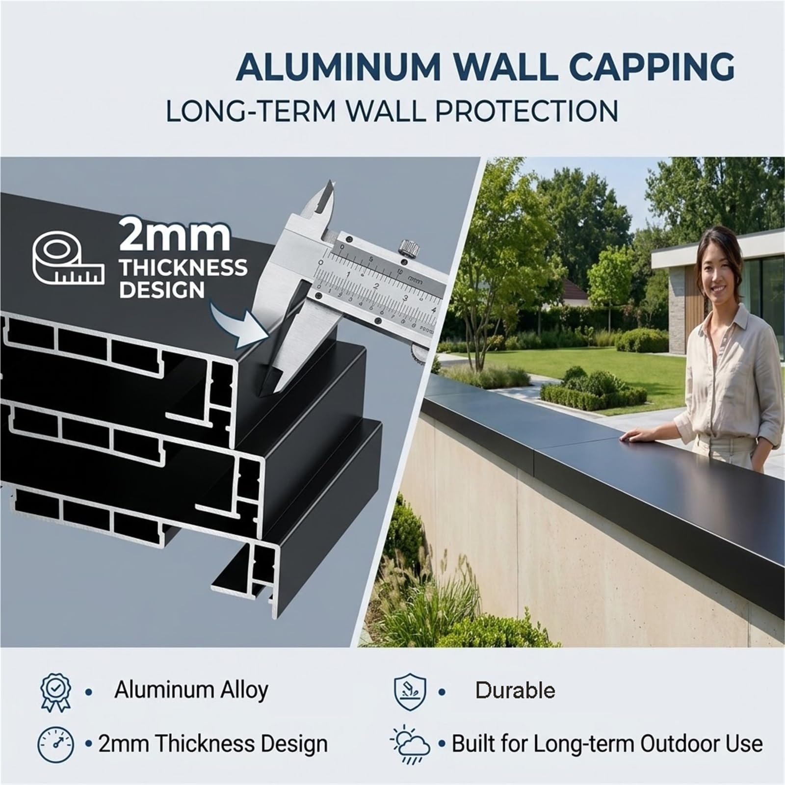 Cubremuros Aluminio Vallas Parapetos Jardín Cubiertas | Muros 13-30.5cm, canal LED integrado, doble borde vierteaguas inti-manchas, base de acople sin costuras muro