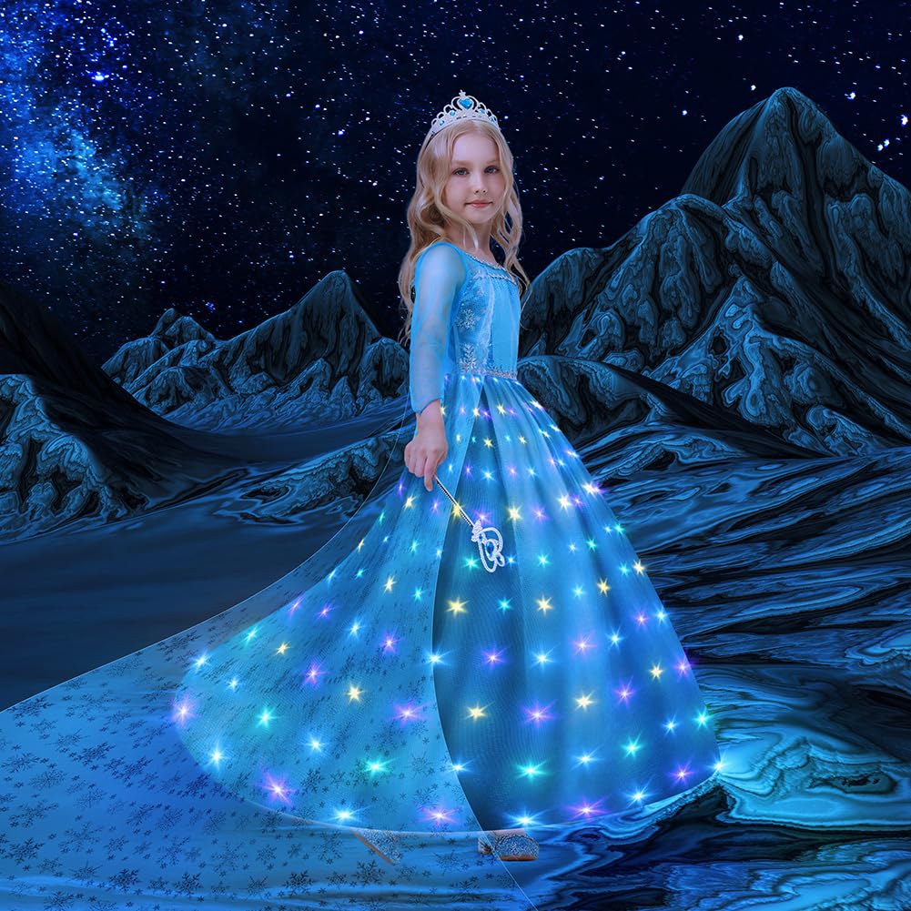 AYBUY Princess Costume for Girl Light Up Princess Dress Up with Magic Wand Crown, Girls Blue LED Costume - Image 2