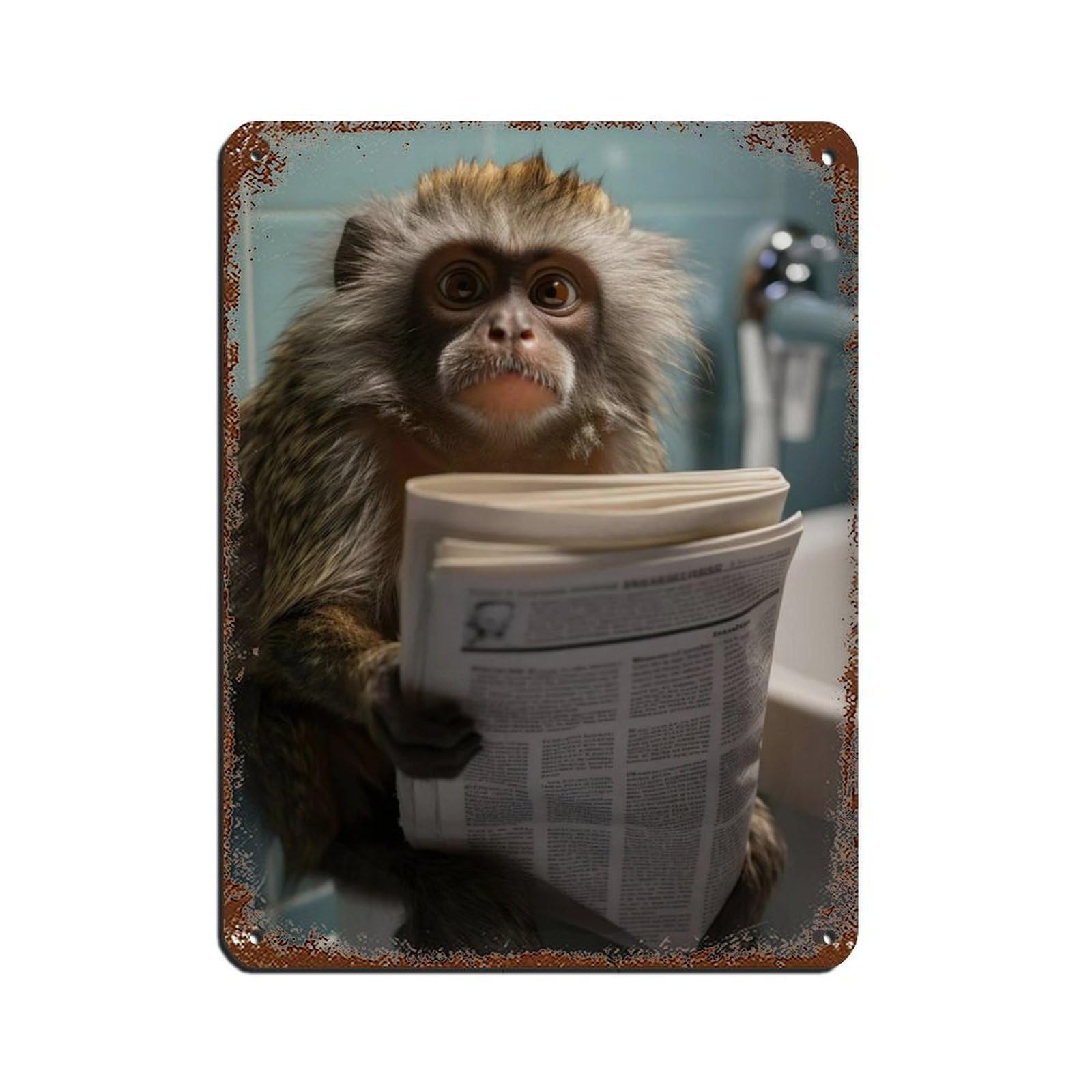Lxwnze 30L X 40W Cm Marmoset Monkey Sitting On The Toilet Reading A Newspaper (2) Retro Poster Metal Tin Sign Chic Art Retro Iron Painting Bar People Cave Cafe Family Garage Poster Wall Decoration 12X16inch(30X40cm)