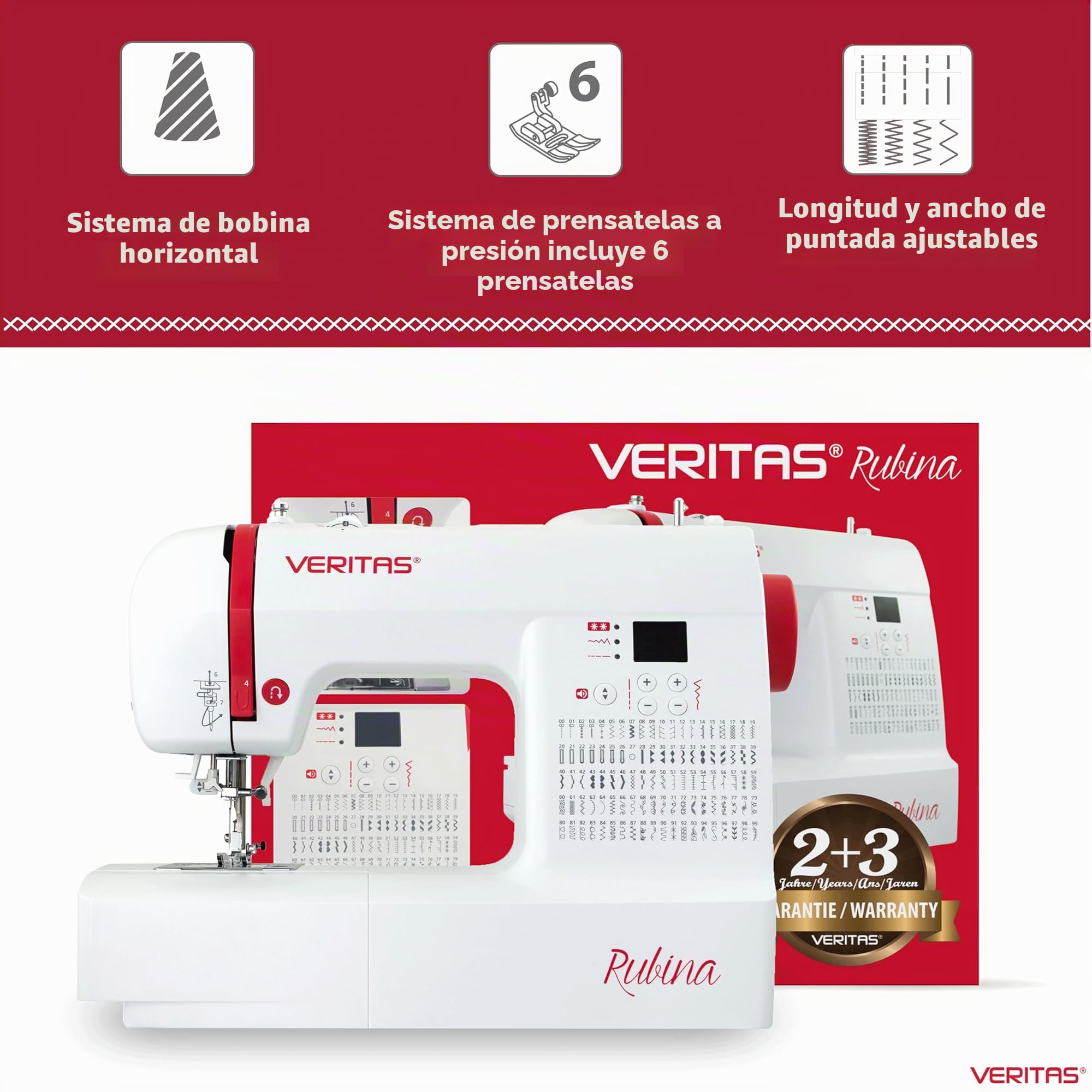 VERITAS Máquina de coser Rubina I Máquina de coser digital para ordenador, 100 programas de puntada, tensión de hilo automático y ayuda para enhebrar, cortahilos, longitud de puntada ajustable,